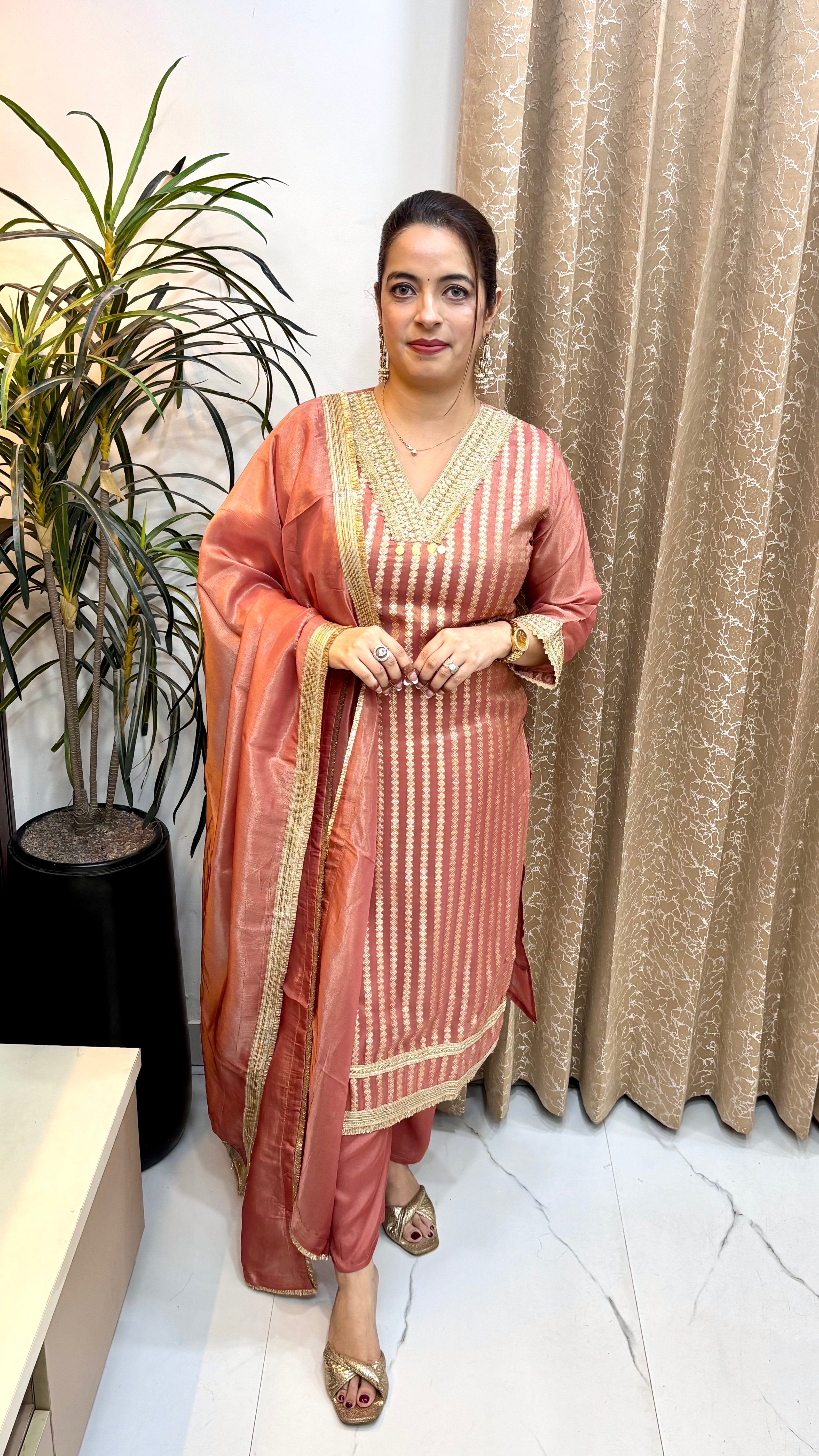 The Organza Shimmer Suit with Sequin, Zari, Cutwork, Ginny Work, & Banarasi Weave