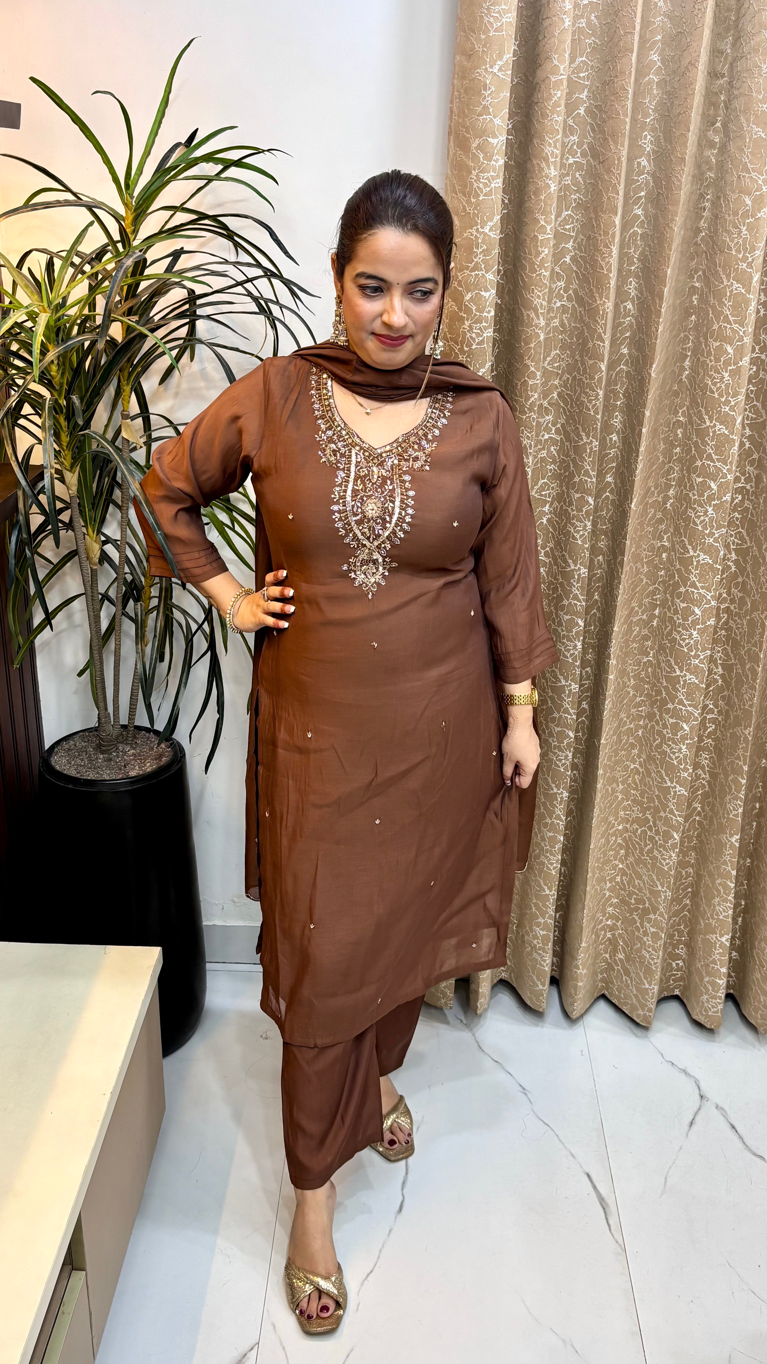 The Mul Chanderi Embroidered Suit with Real Mirror Work & Cutwork Dupatta