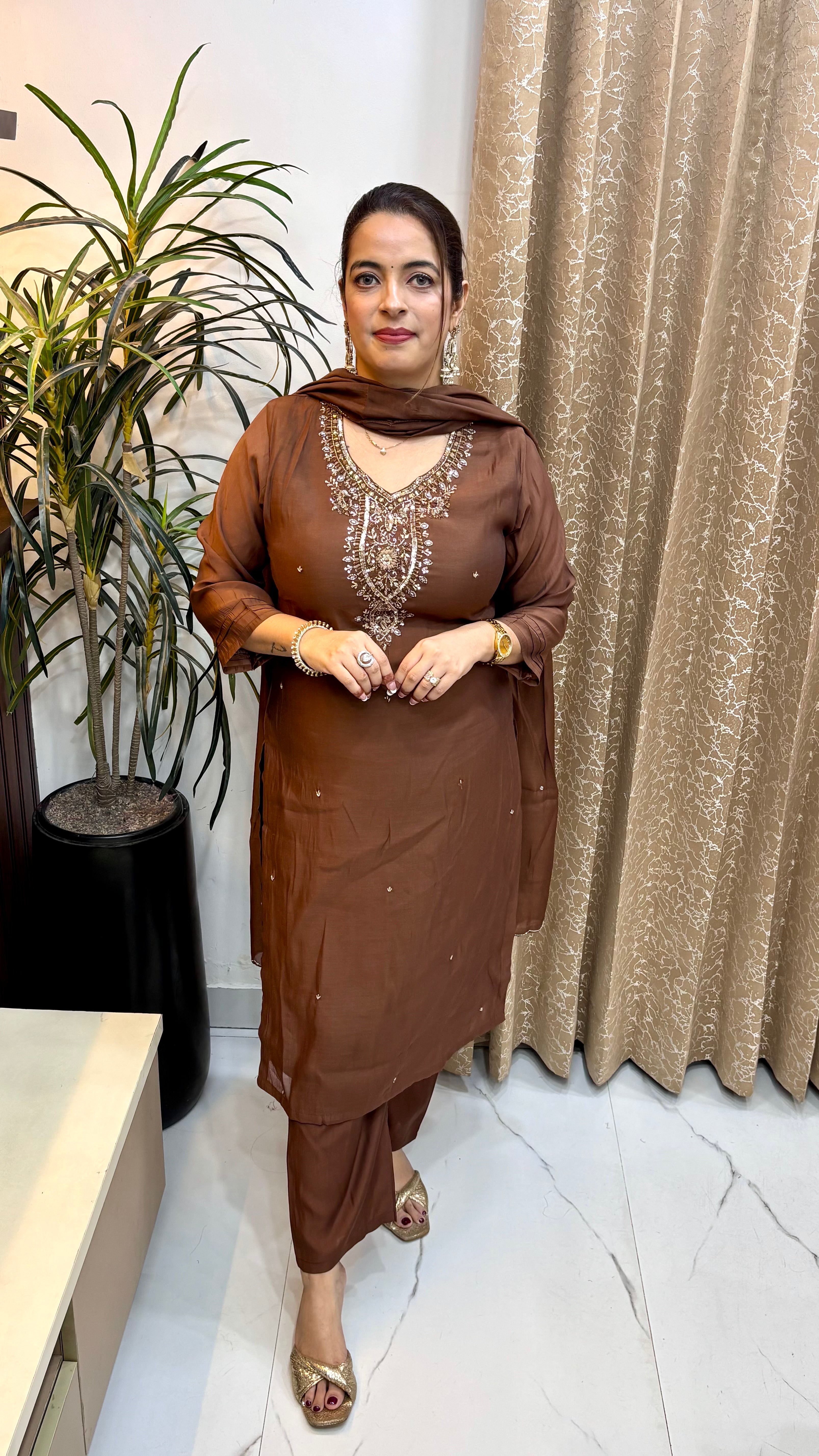 The Mul Chanderi Embroidered Suit with Real Mirror Work & Cutwork Dupatta