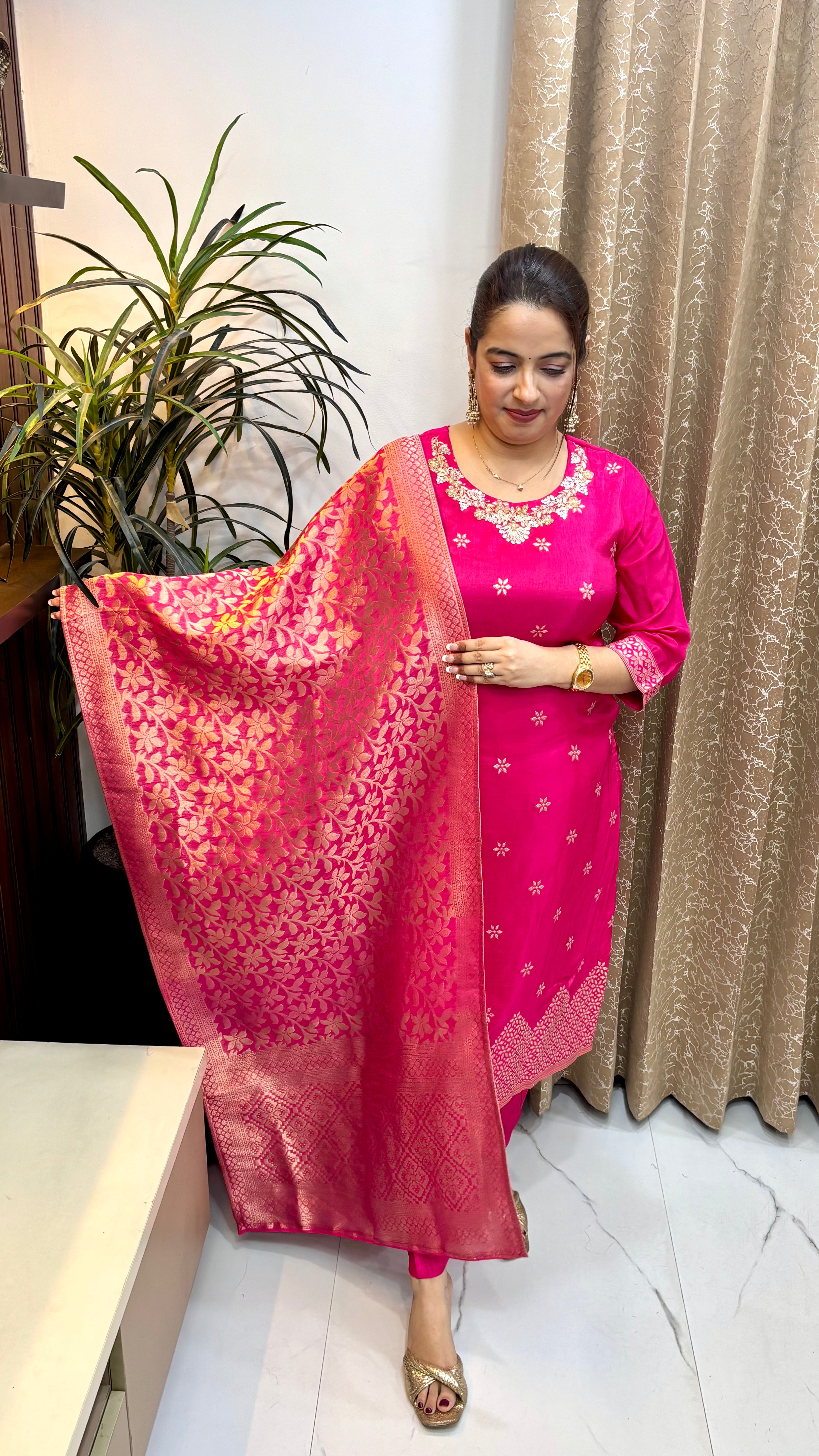 The Paper Silk Suit with Dabka Work & Pure Banarasi Print Dupatta