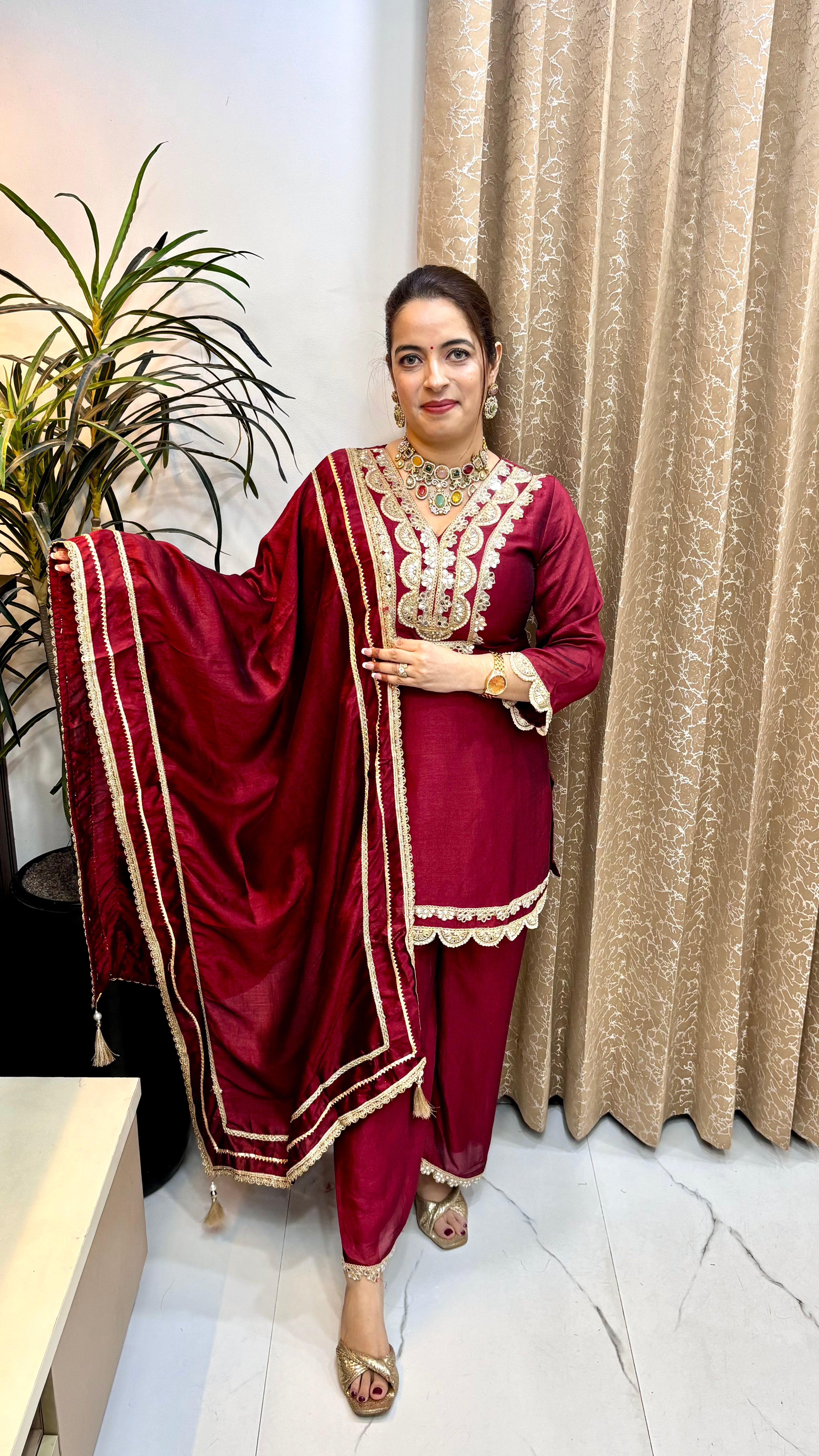 The Paper Silk V-Neck Suit with Flared Divider & Matching Dupatta