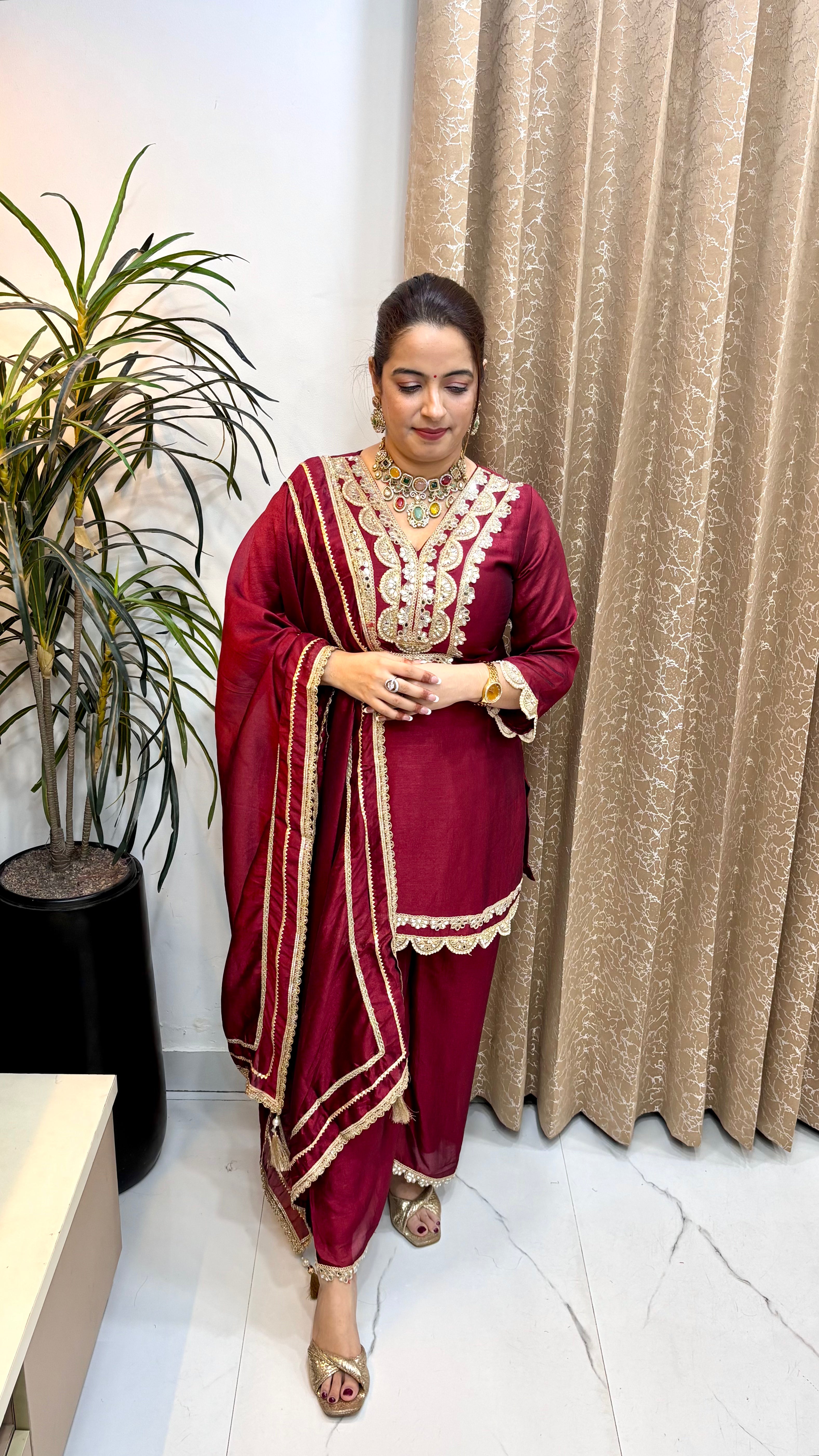 The Paper Silk V-Neck Suit with Flared Divider & Matching Dupatta