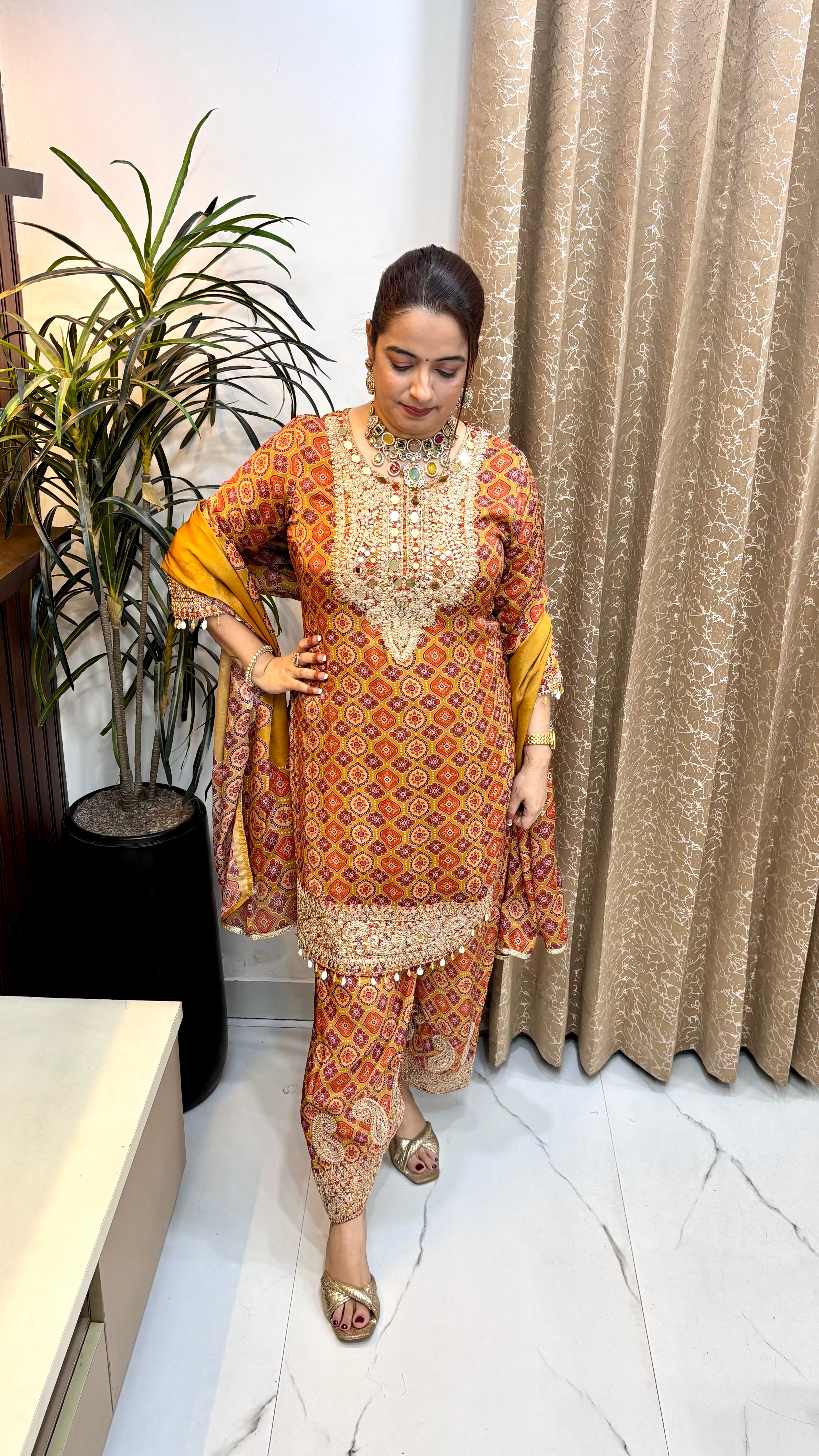 The Pure Chinon Mirror & Zardozi Suit with Kunja Printed Divider & Kaudi Shells