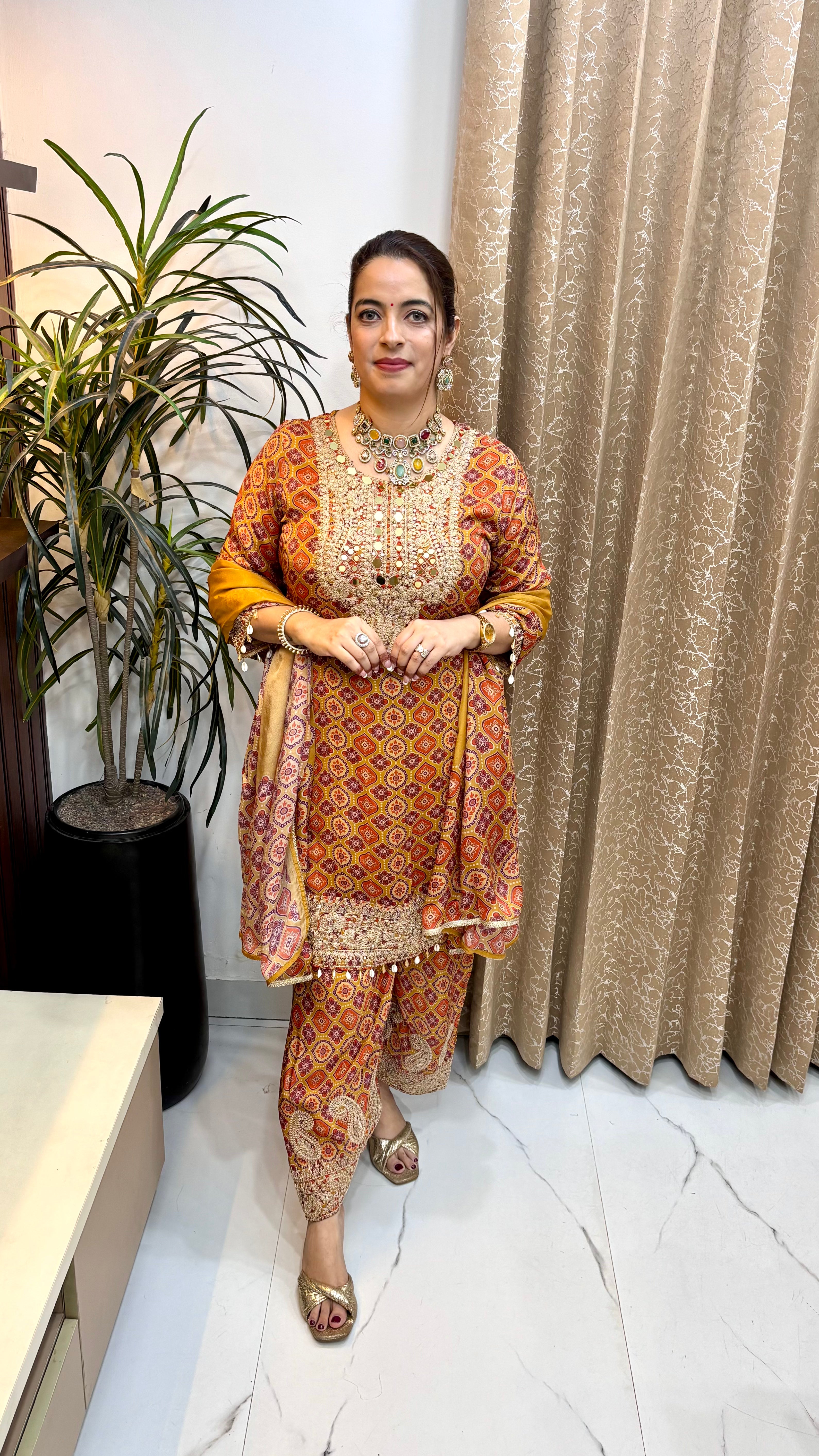 The Pure Chinon Mirror & Zardozi Suit with Kunja Printed Divider & Kaudi Shells