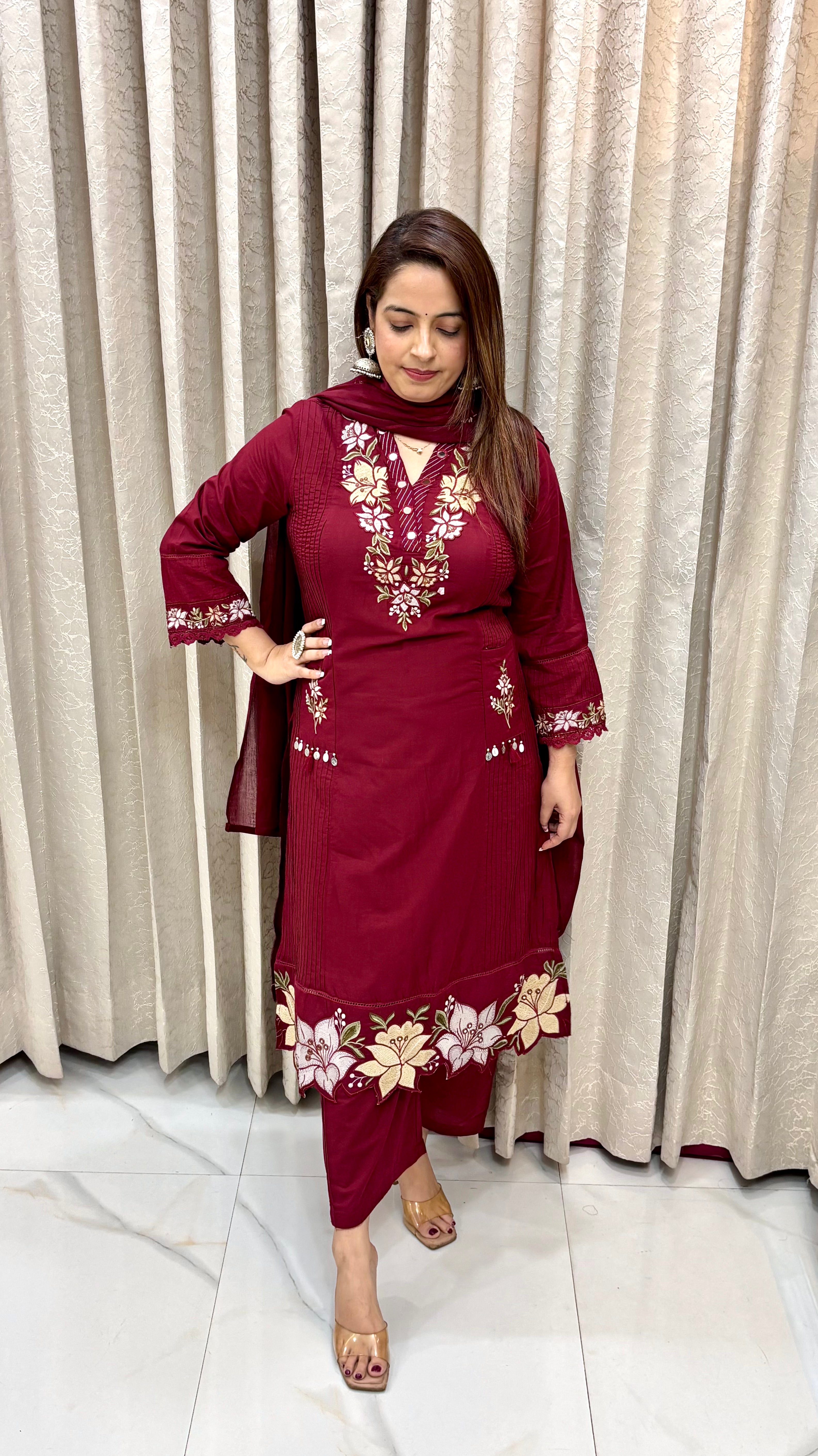 The Mulmul Cotton Chinese Collar Suit with Pintex & Mirror Work