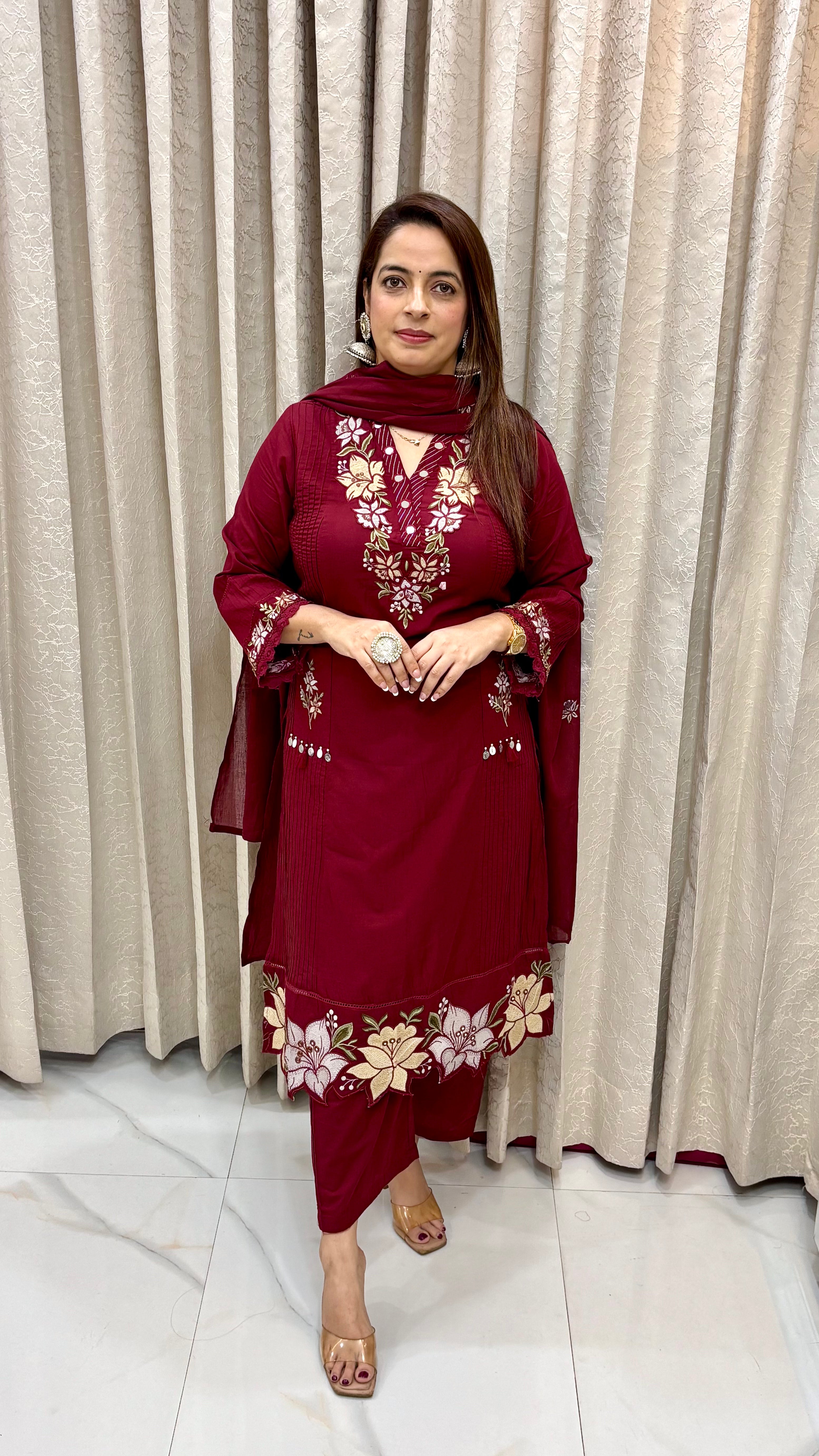 The Mulmul Cotton Chinese Collar Suit with Pintex & Mirror Work
