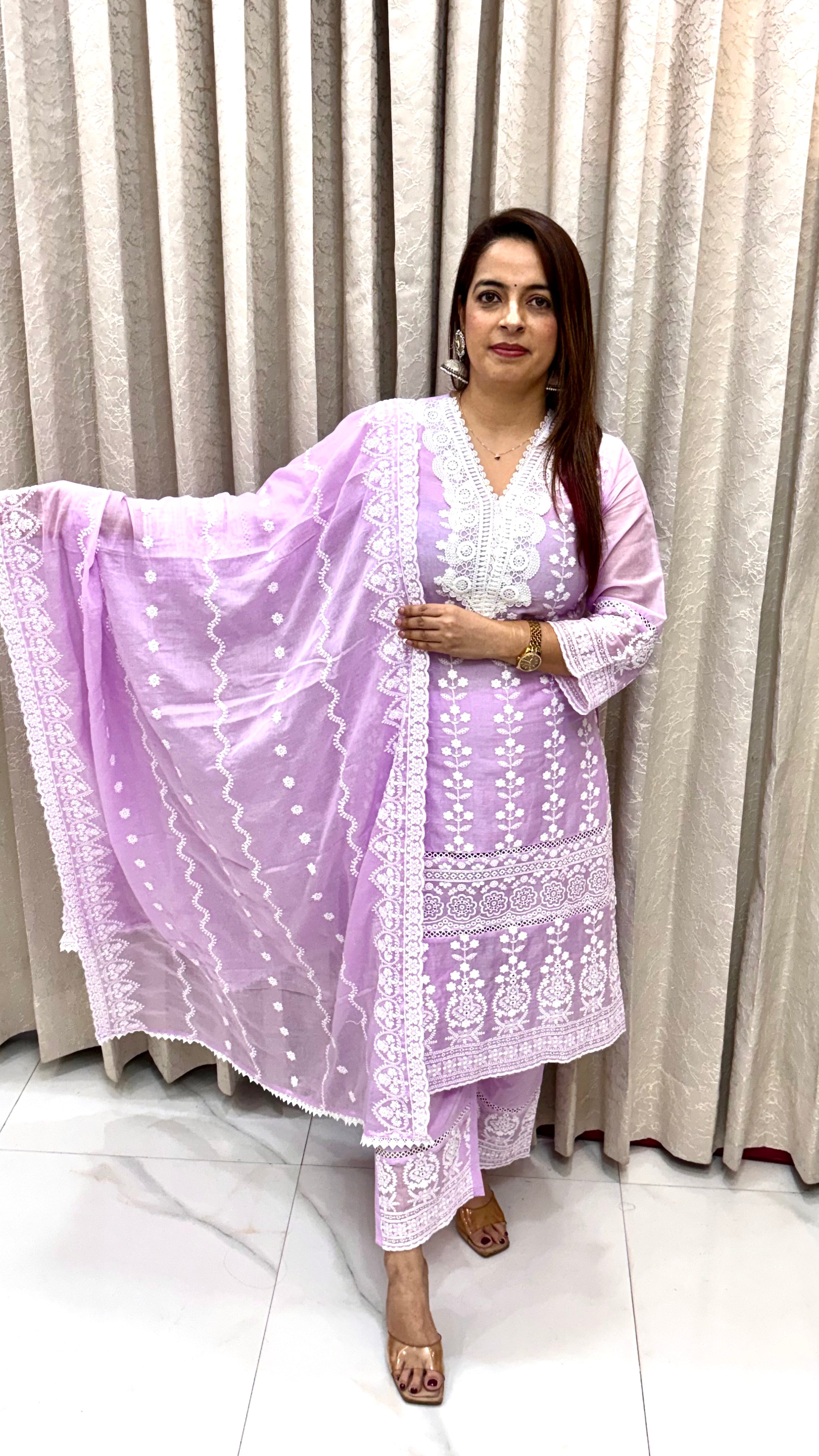 The Mulmul Cotton Suit with Lucknowi Hand Embroidery