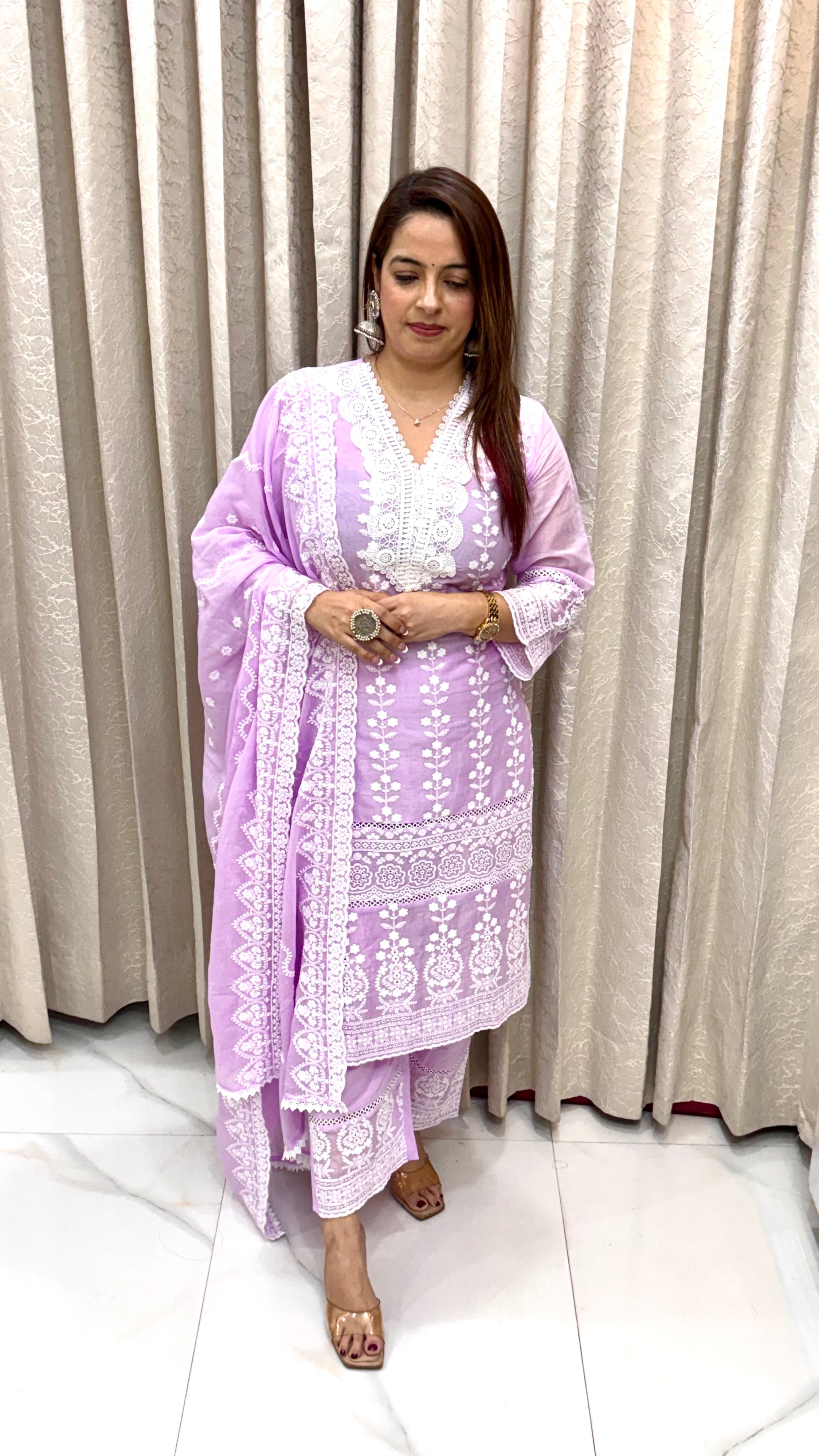 The Mulmul Cotton Suit with Lucknowi Hand Embroidery