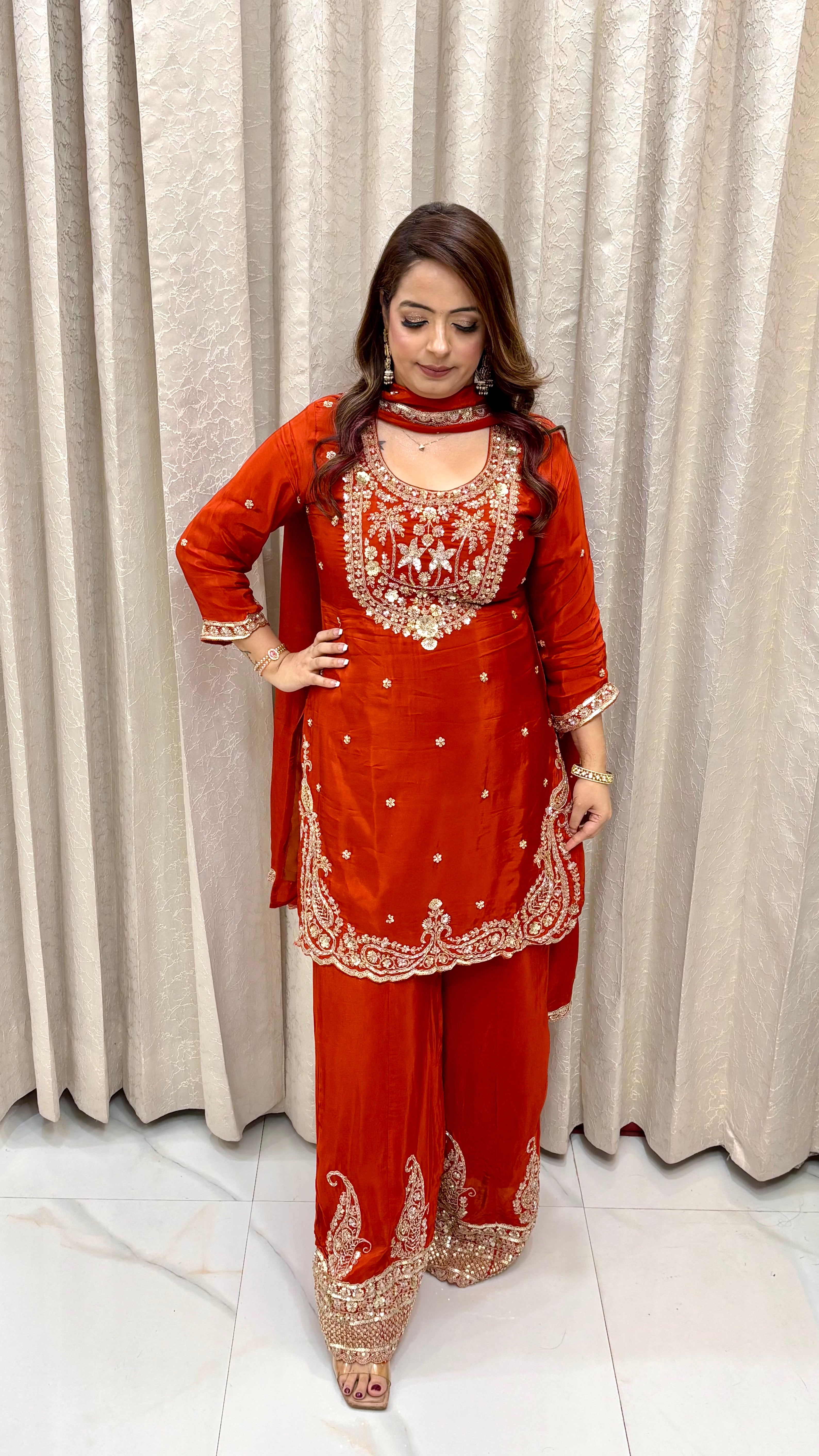 The Crepe Silk Cutdana  Zari Suit with Kaliya Flared Divider