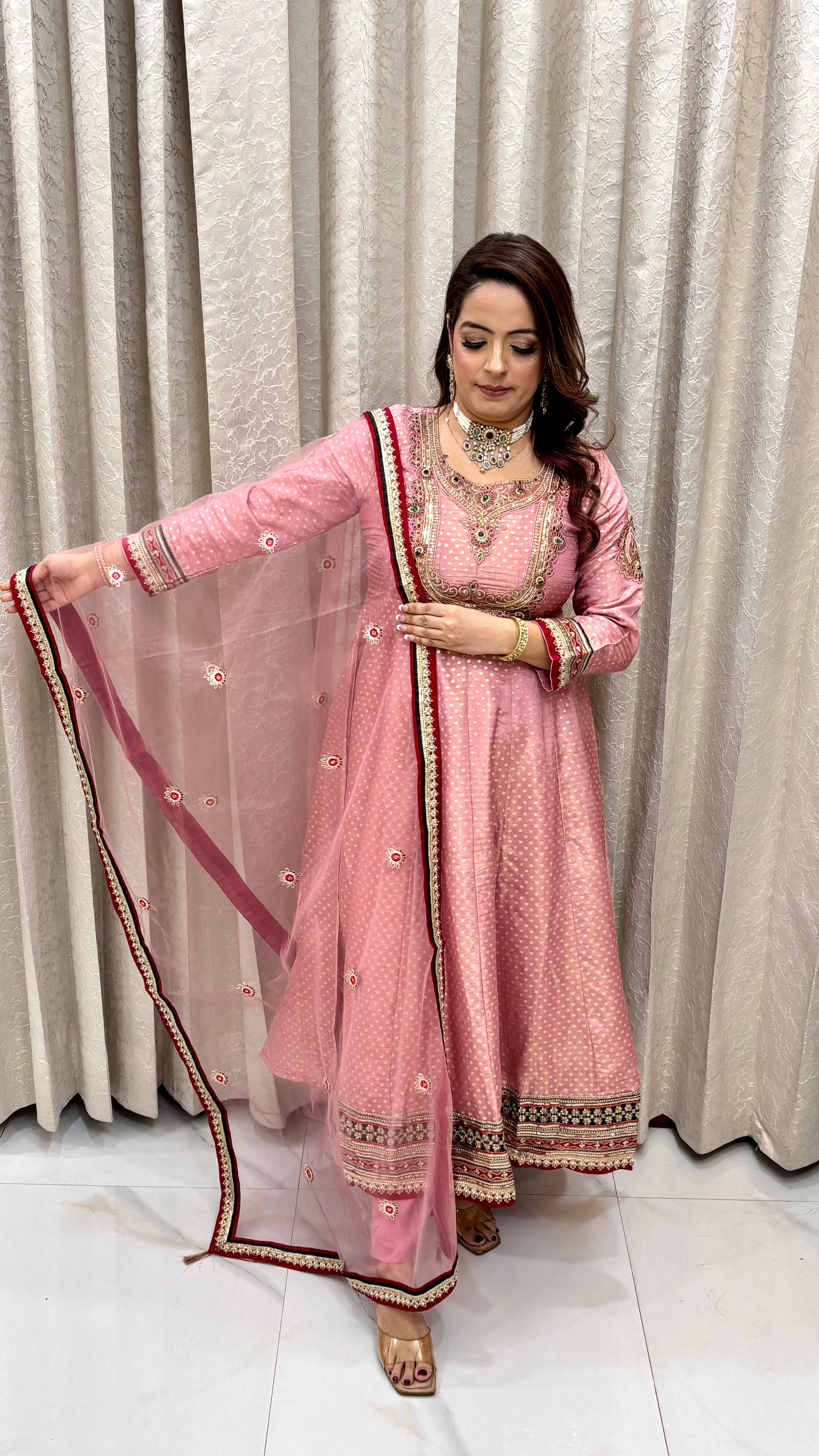 The Banarasi Silk Maharani Anarkali Suit with Dual-Shade Hemline & Kundan Work