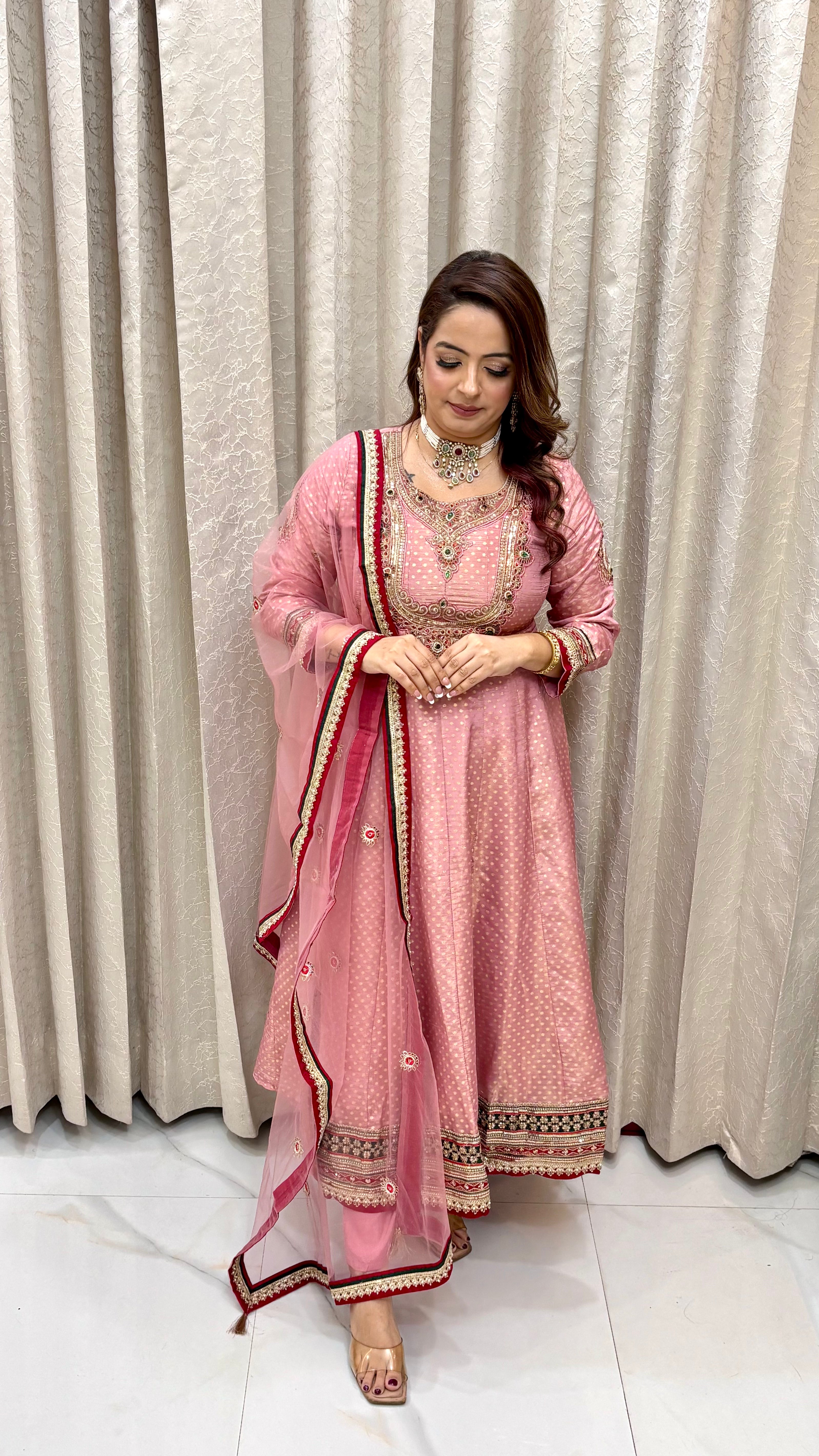 The Banarasi Silk Maharani Anarkali Suit with Dual-Shade Hemline & Kundan Work