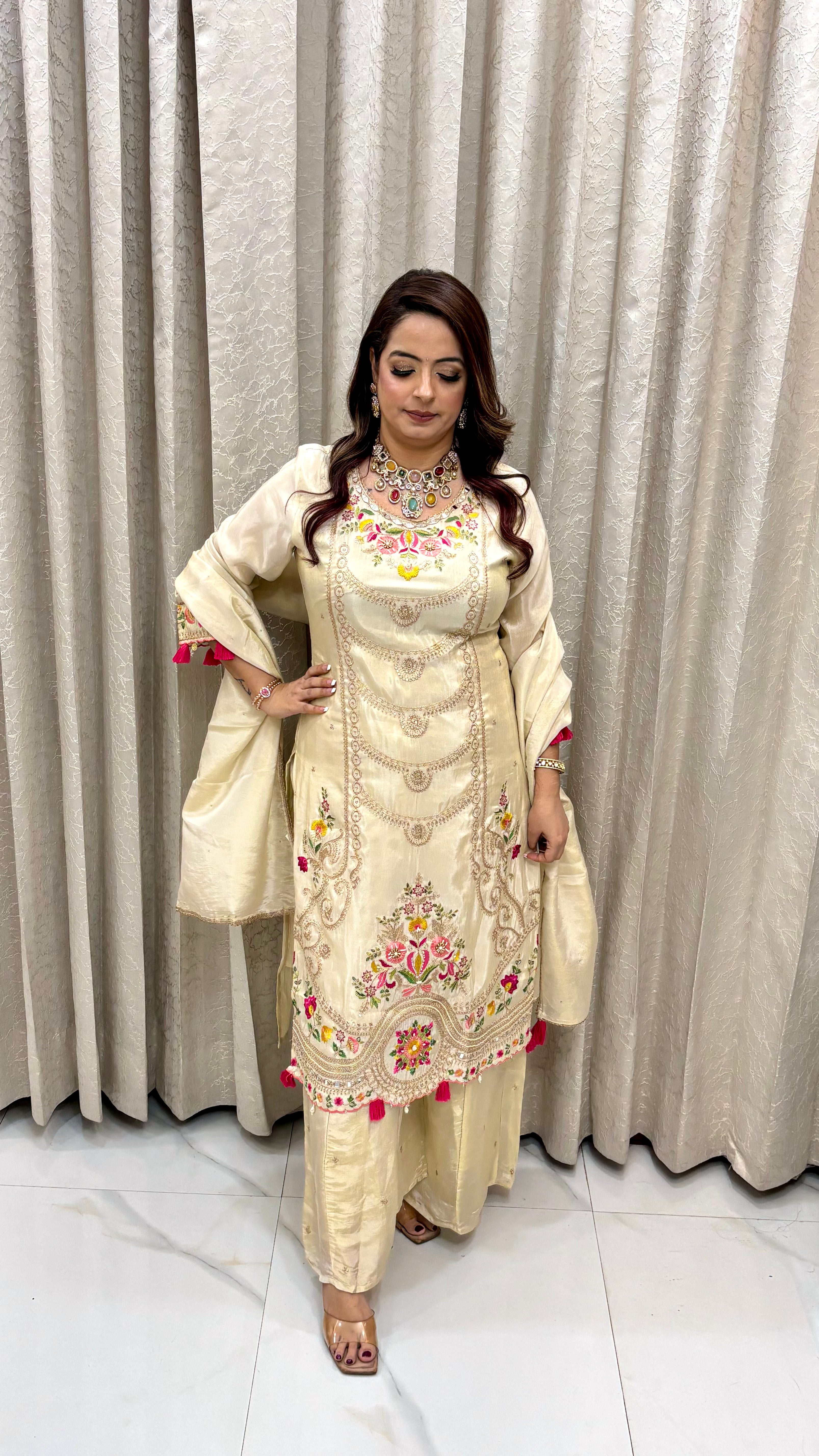 The Organza Shimmer Resham & Pearl Suit with Ginny Tassels & Kaliya Divider