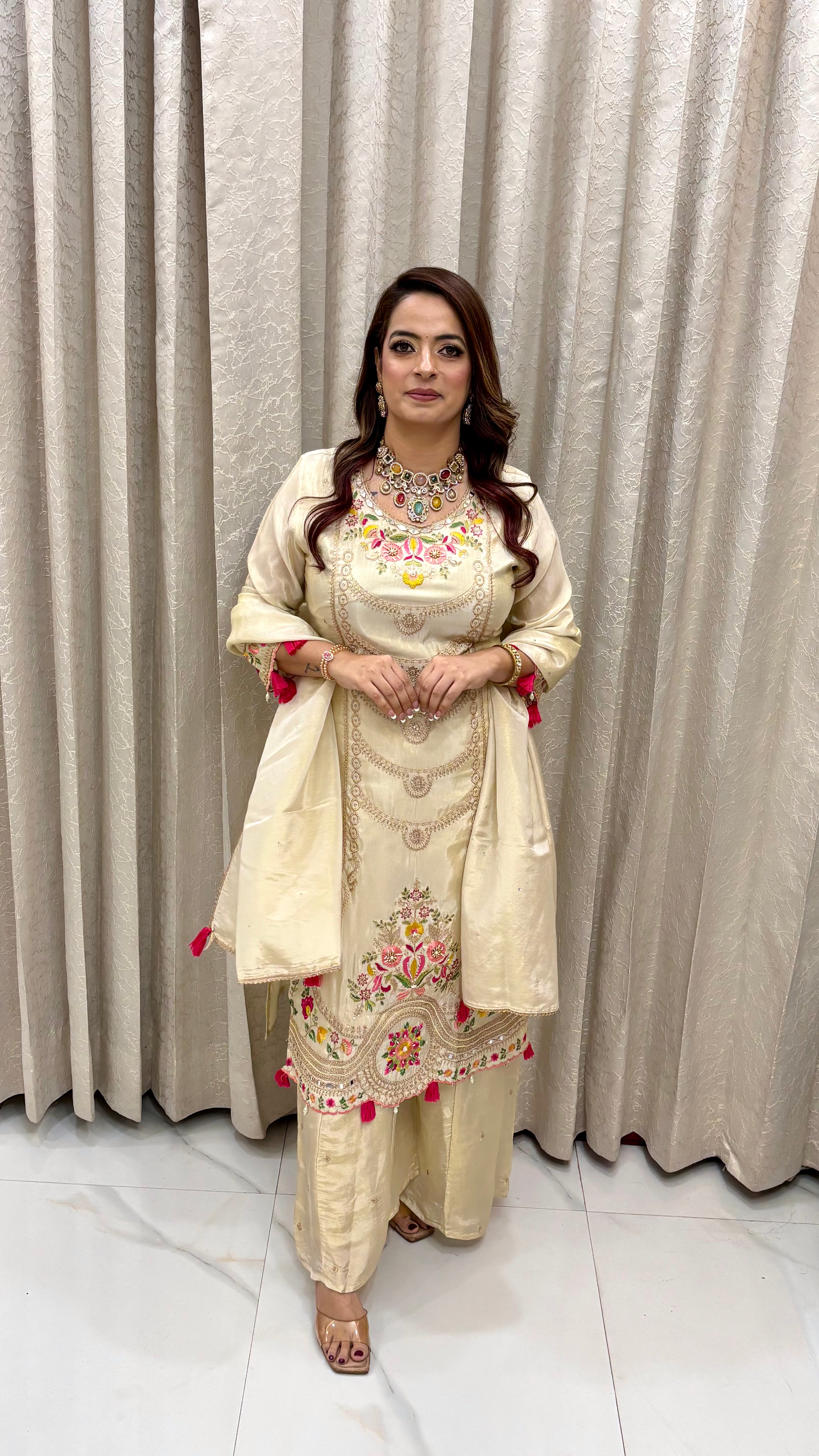 The Organza Shimmer Resham & Pearl Suit with Ginny Tassels & Kaliya Divider