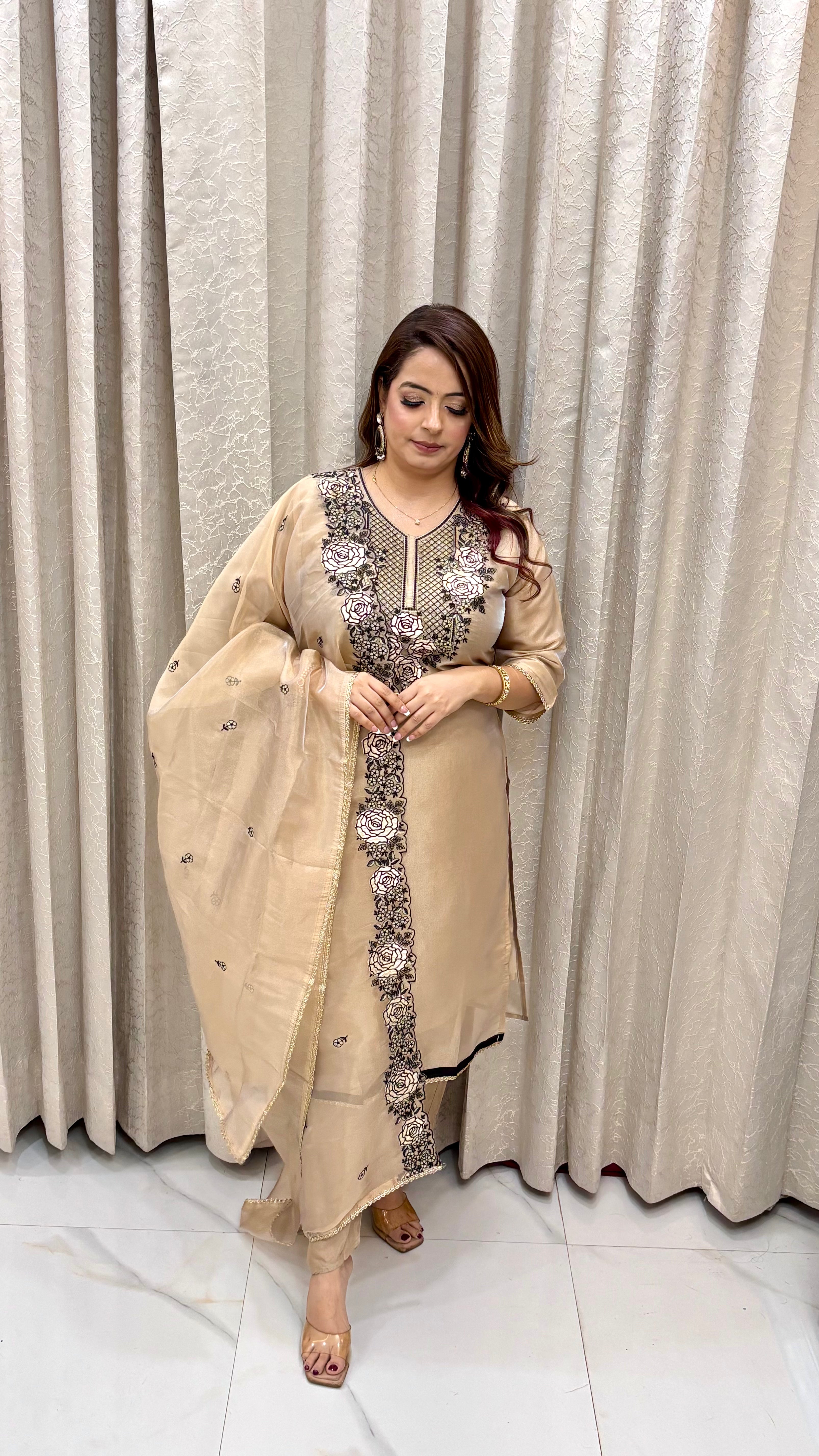 The Organza Shimmer Suit with Leather Patchwork, Resham Work & Floral Cutwork Dupatta
