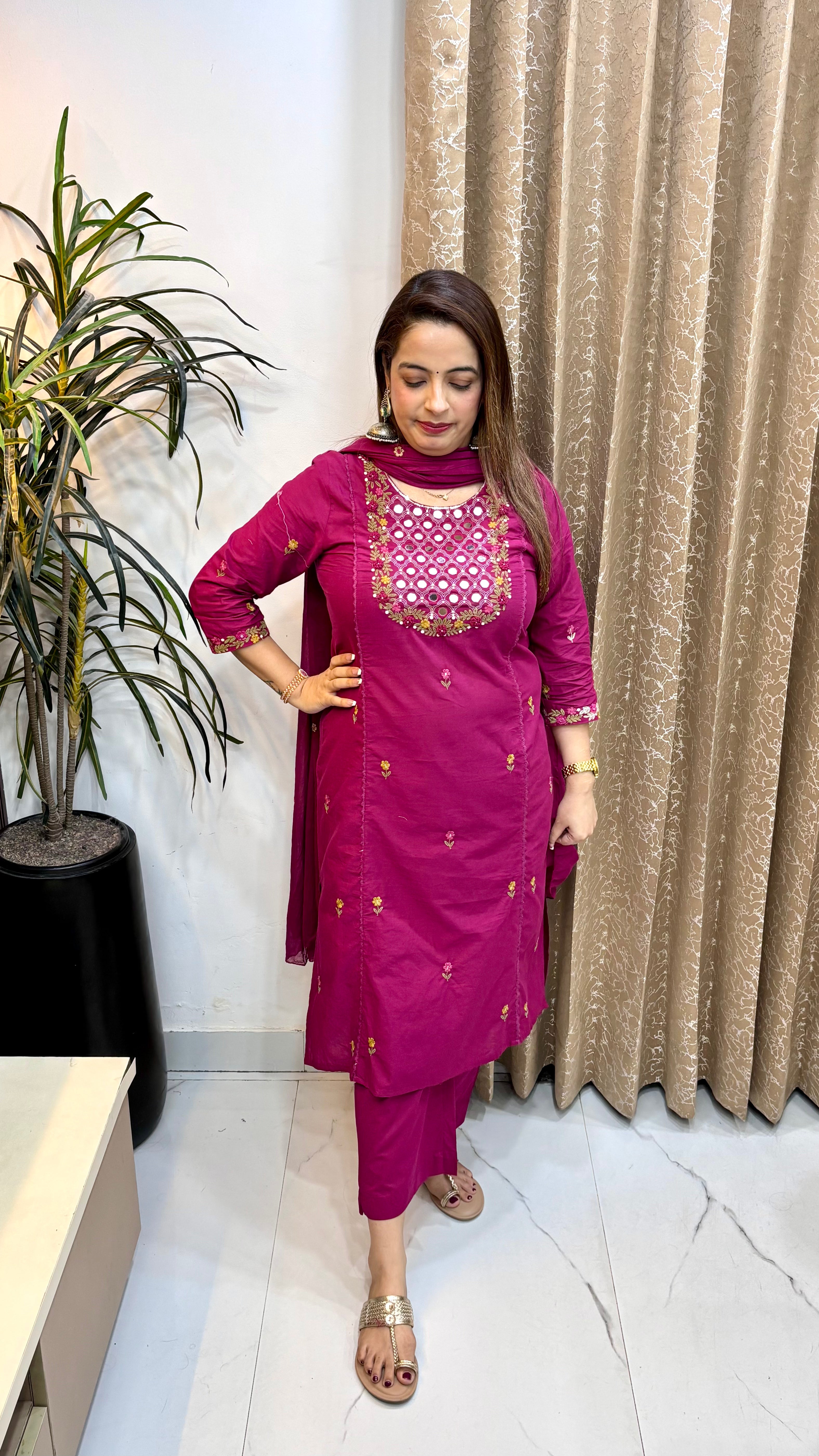 The Pure Cotton Real Mirror Work Suit with Crochet Lace & Thread Embroidery
