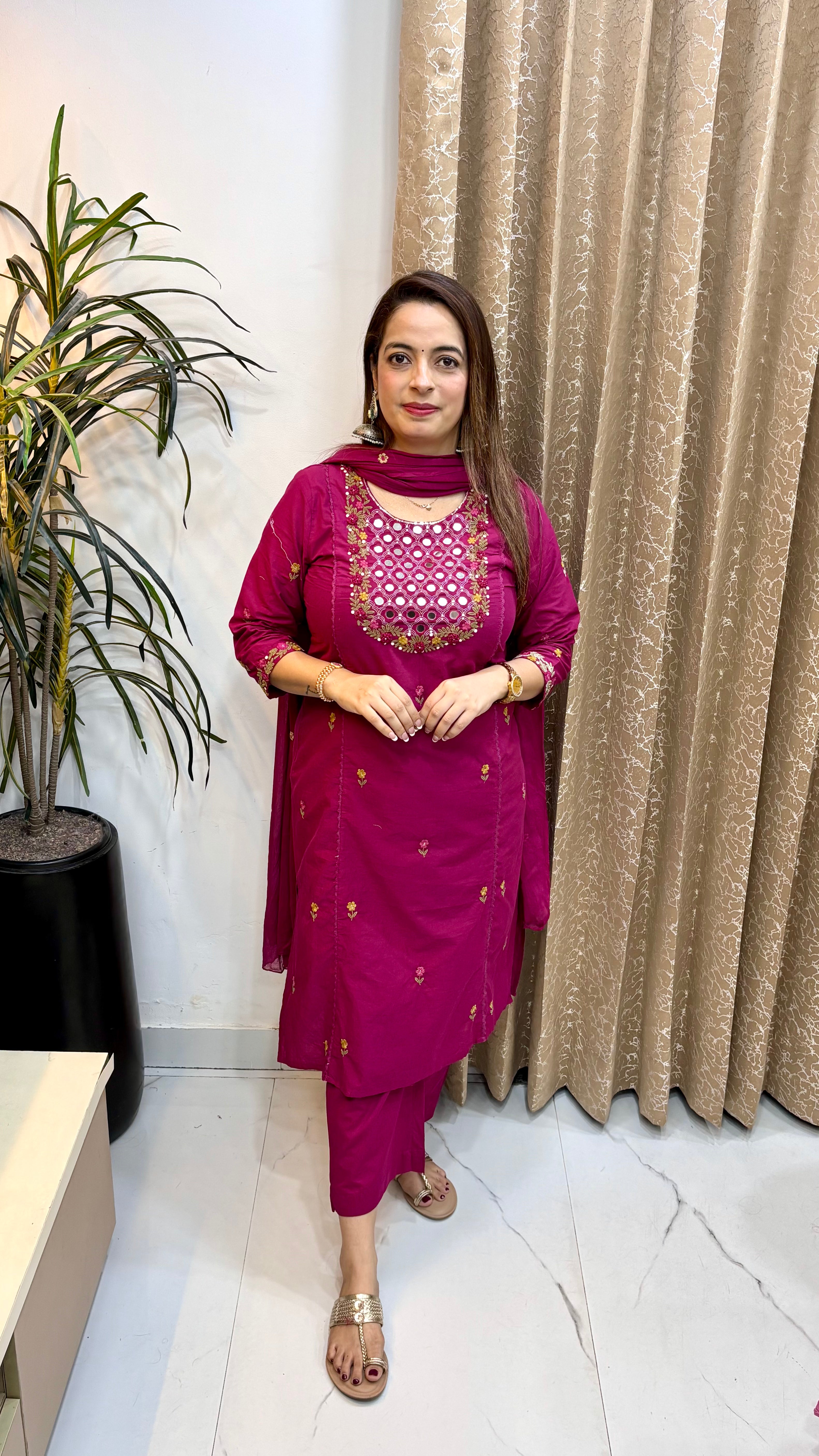 The Pure Cotton Real Mirror Work Suit with Crochet Lace & Thread Embroidery