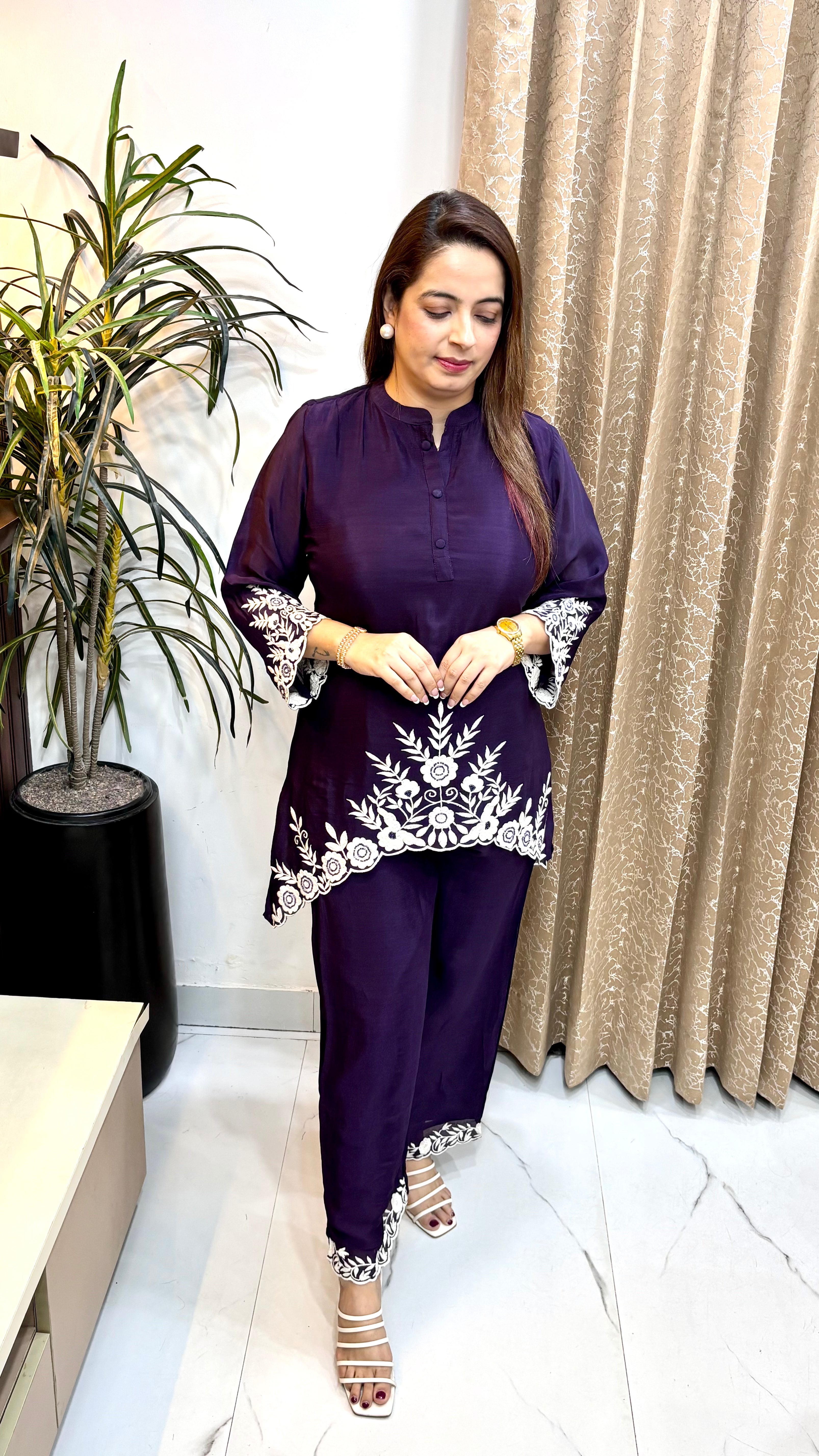 The Pure Chinon Co-Ord Set with Chinese Bain Neck & C-Cut Curved Hemline