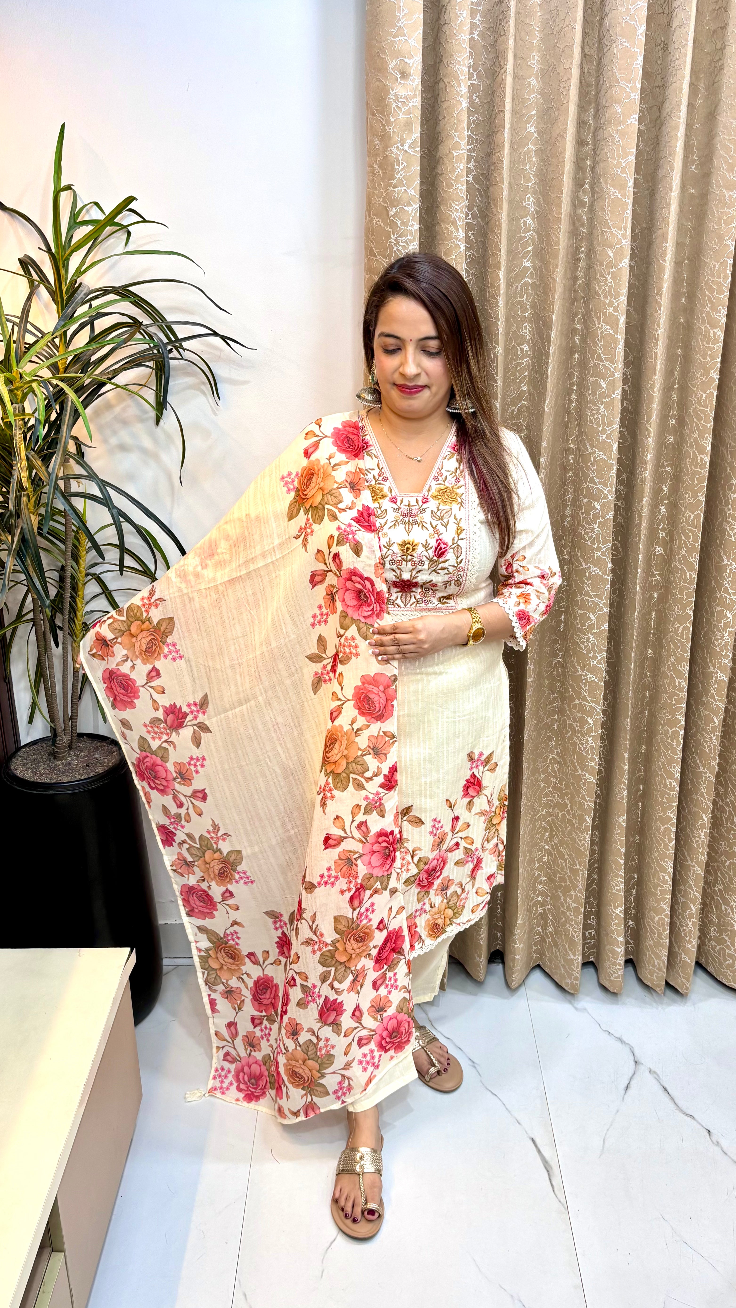 The Pure Cotton Suit with Woven Detailing, Crochet Lace & Floral Embroidery