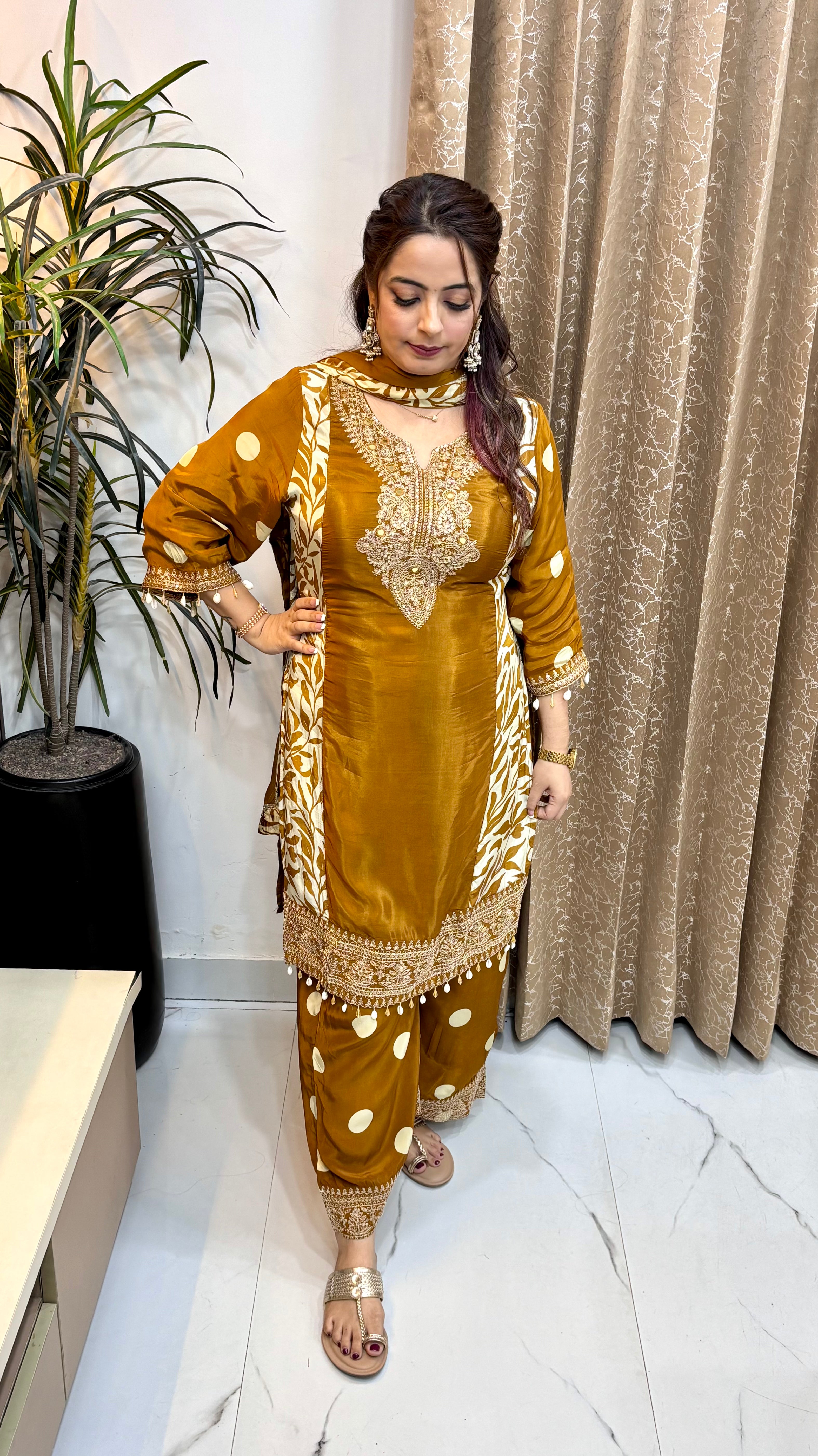 The Pure Russian Crepe Suit with Mirror, Zari & Resham Work with Bell Sleeves