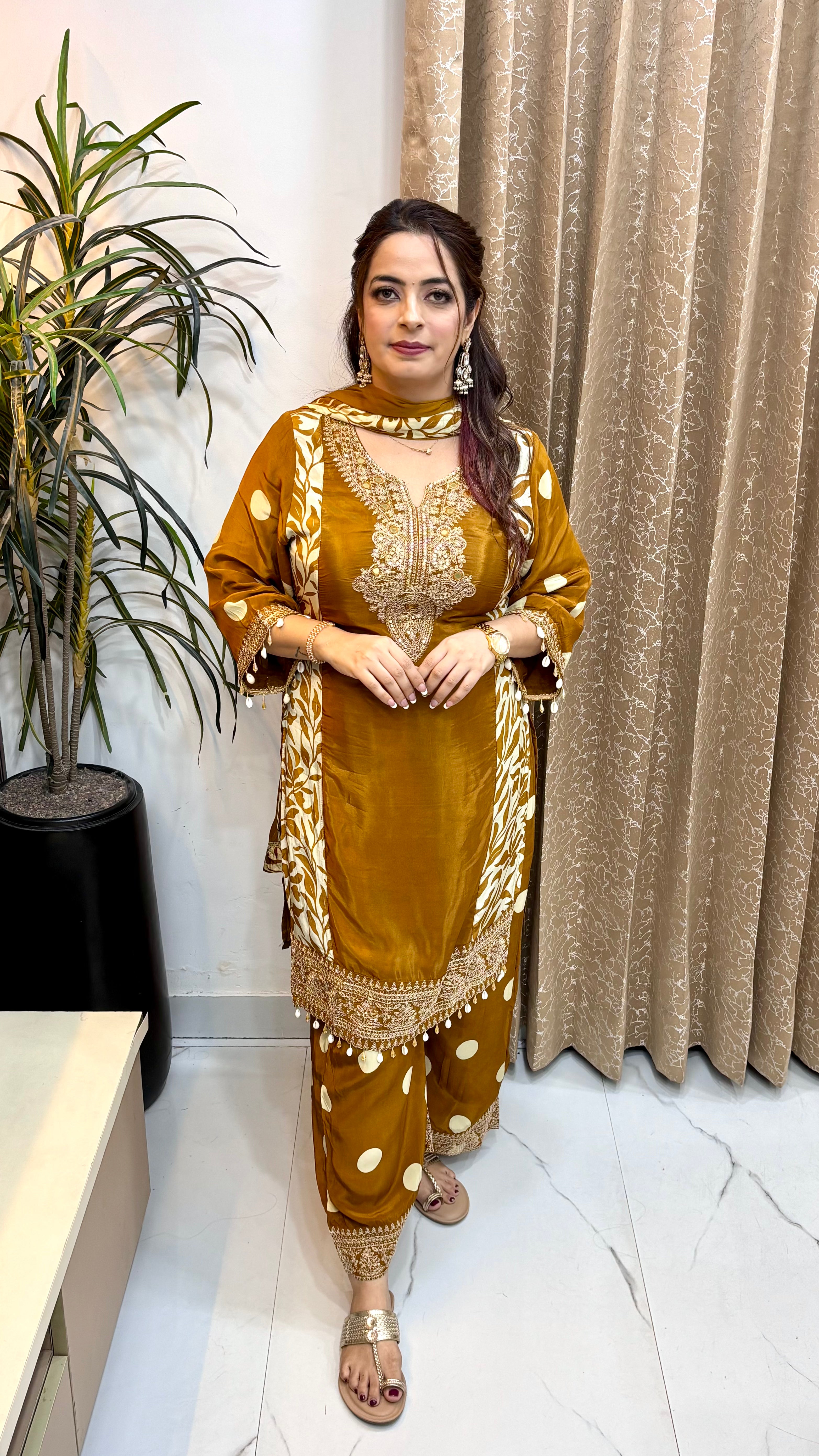 The Pure Russian Crepe Suit with Mirror, Zari & Resham Work with Bell Sleeves