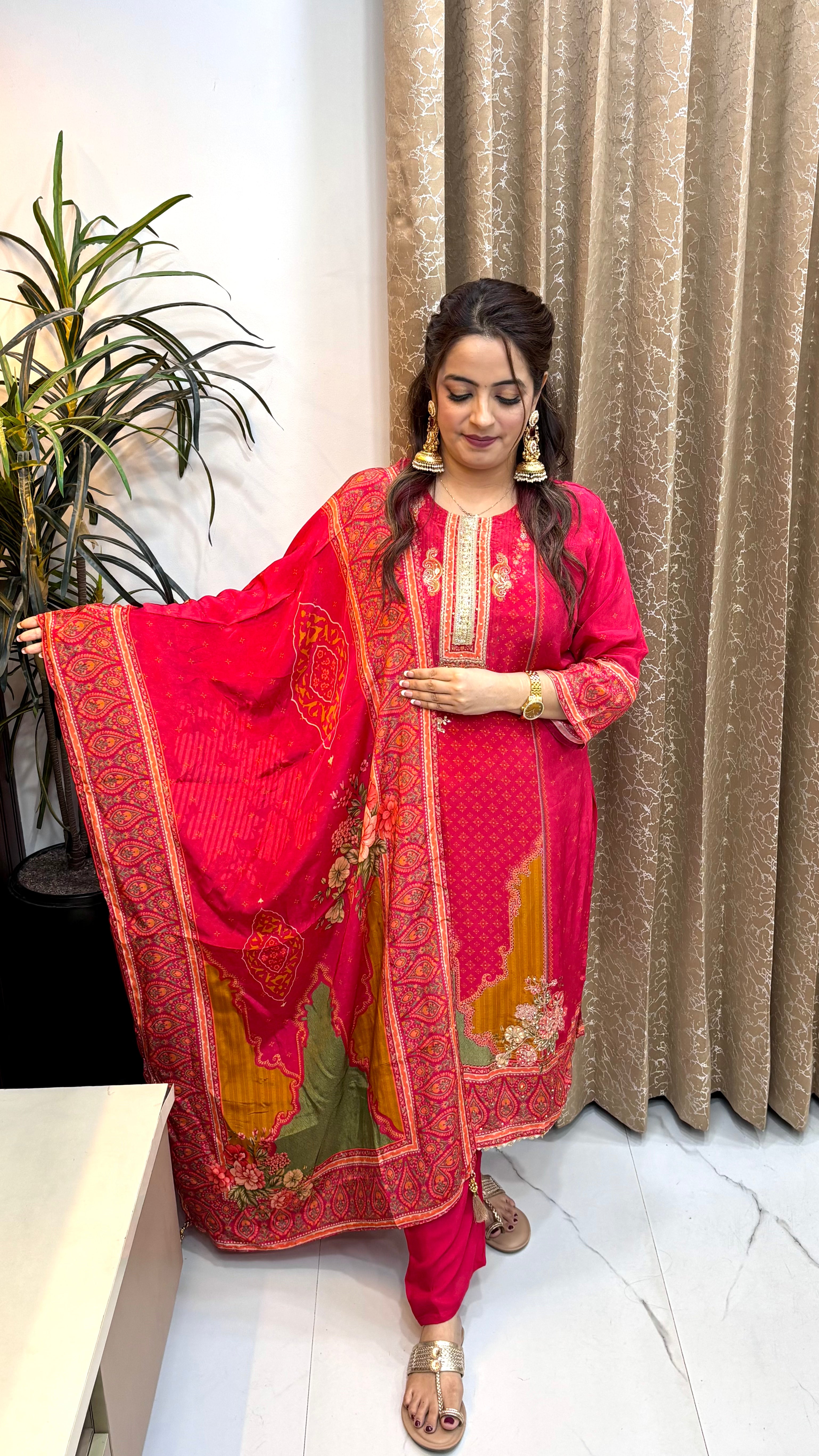 The Natural Crepe Digital Print Suit with Zari & Sequin Embellishments