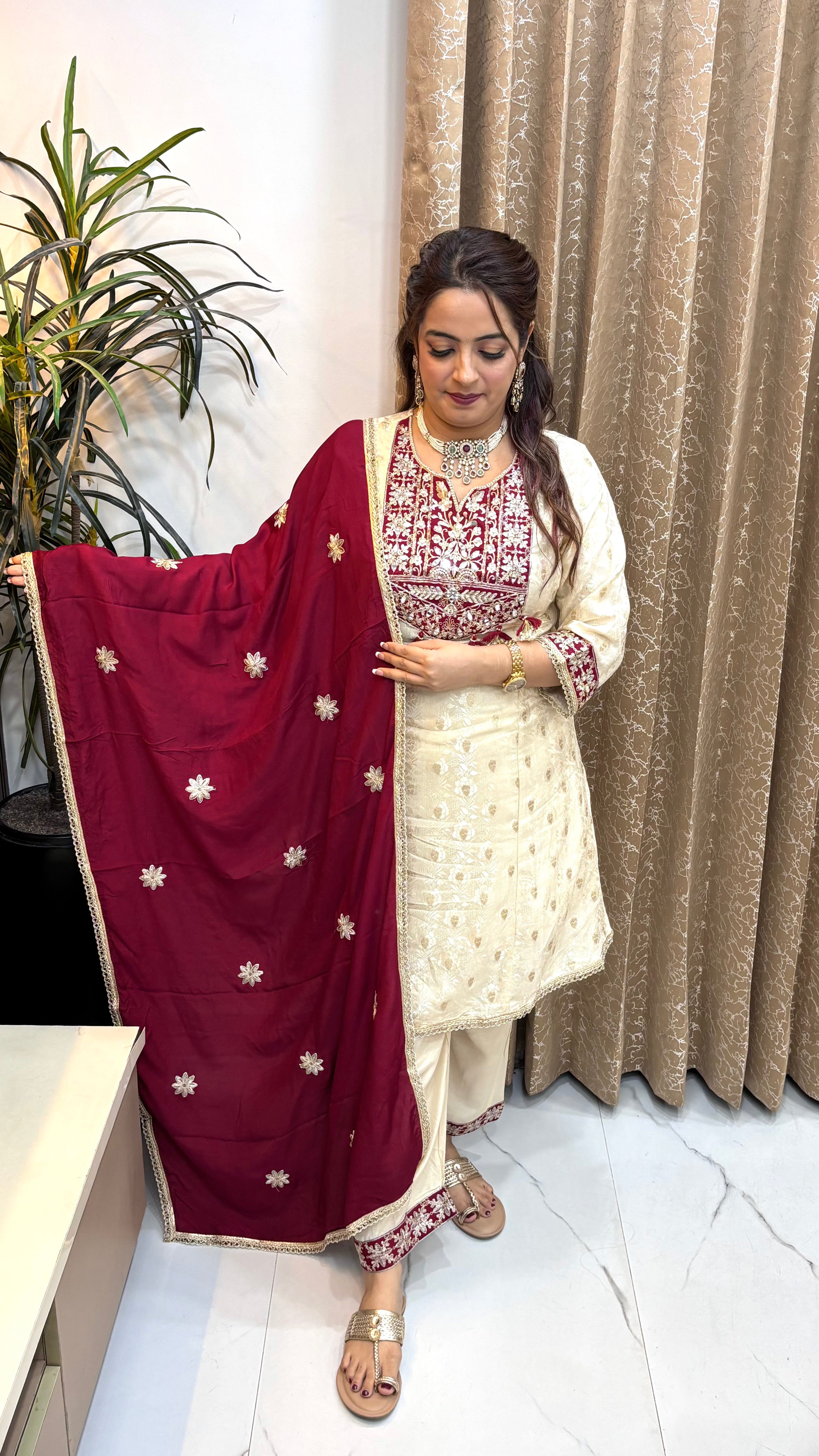 The Silk Crepe Banarasi Suit with Self-Woven Brocade & Pearl-Zari Detailing
