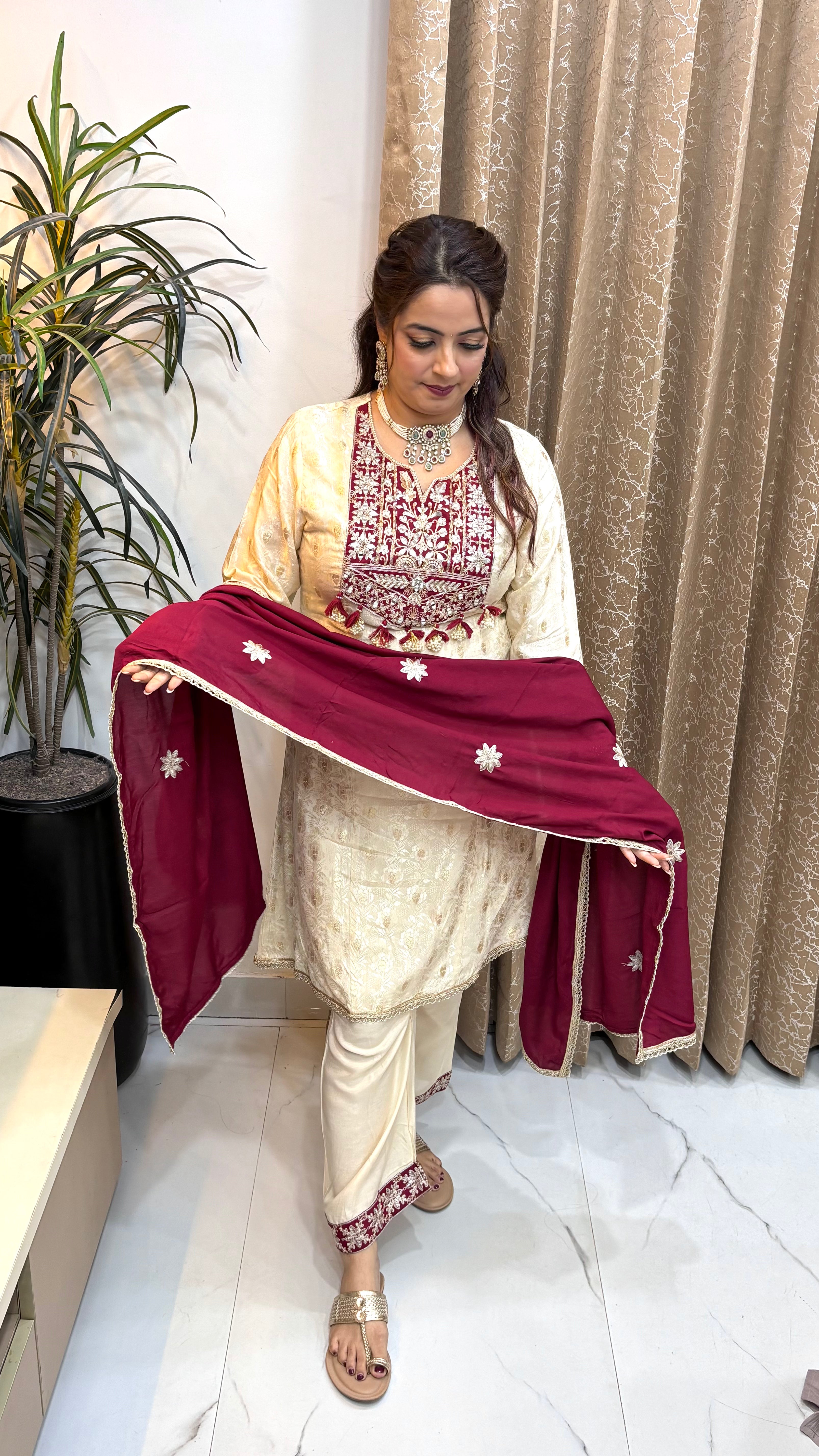 The Silk Crepe Banarasi Suit with Self-Woven Brocade & Pearl-Zari Detailing