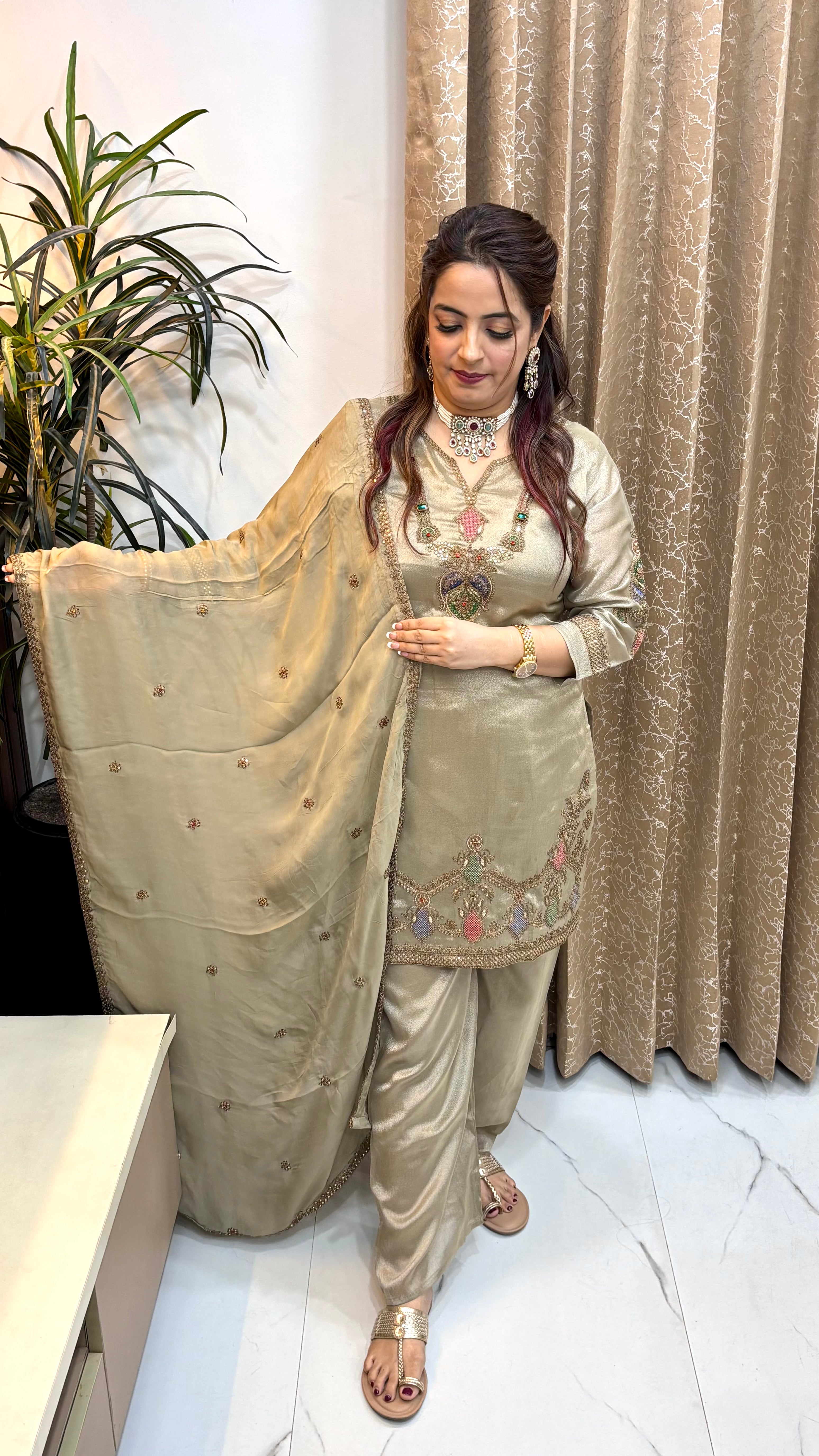 The Organza Shimmer Maharani Necklace Suit with Korean Stone Work