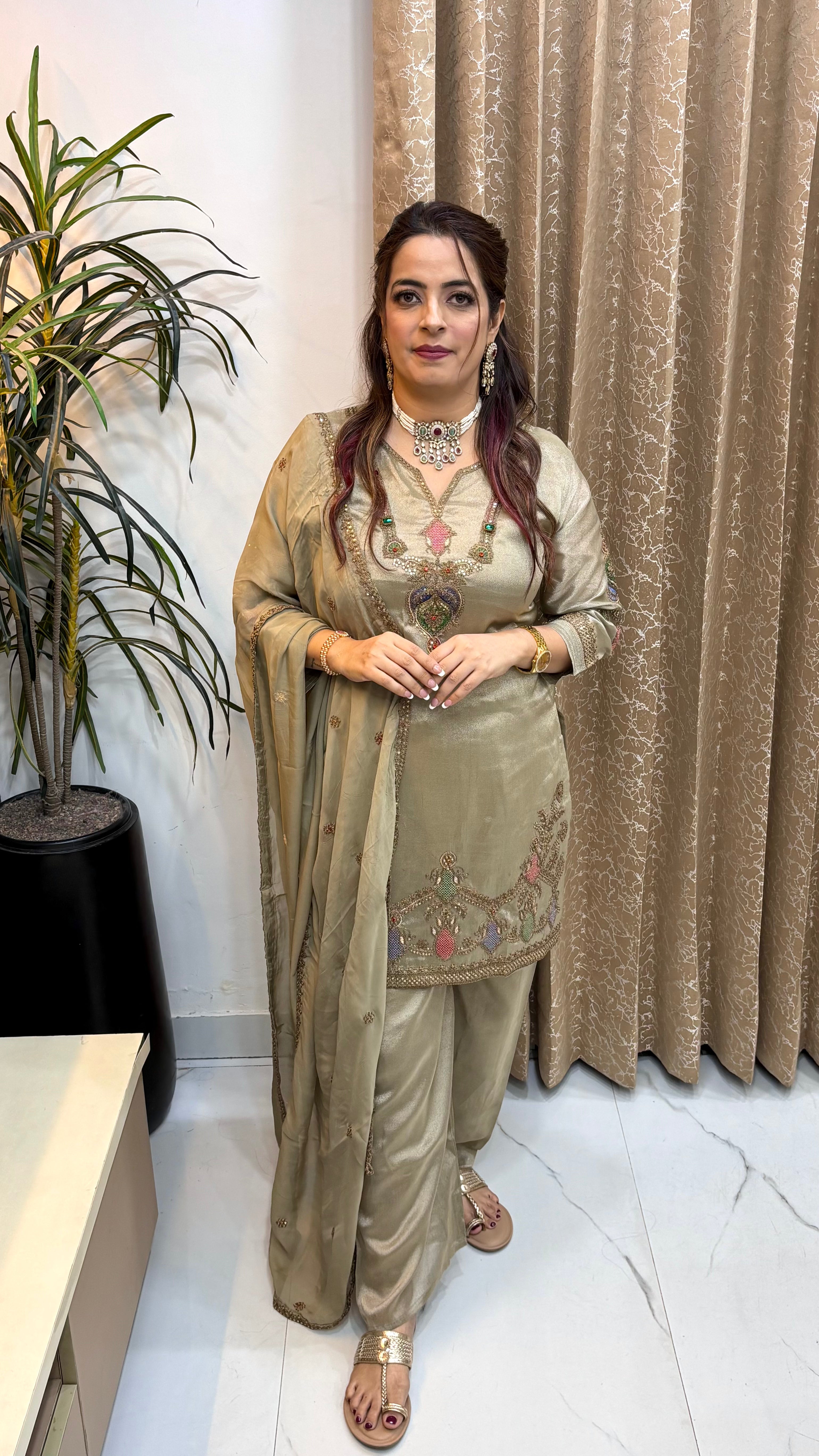 The Organza Shimmer Maharani Necklace Suit with Korean Stone Work