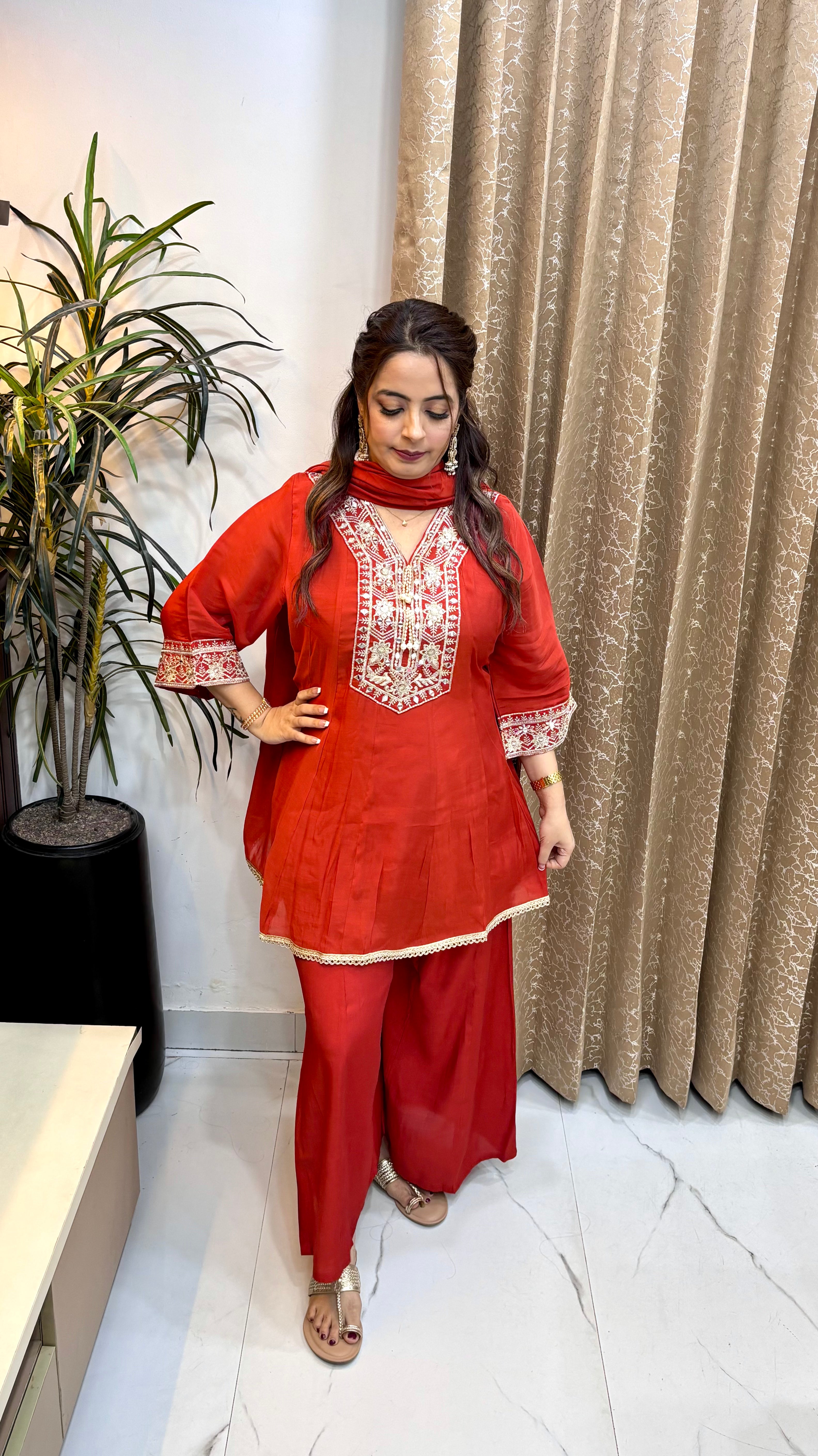 The Mul Chanderi Short Anarkali Suit with Zardozi, Real Mirror Work & Muslin Bottoms