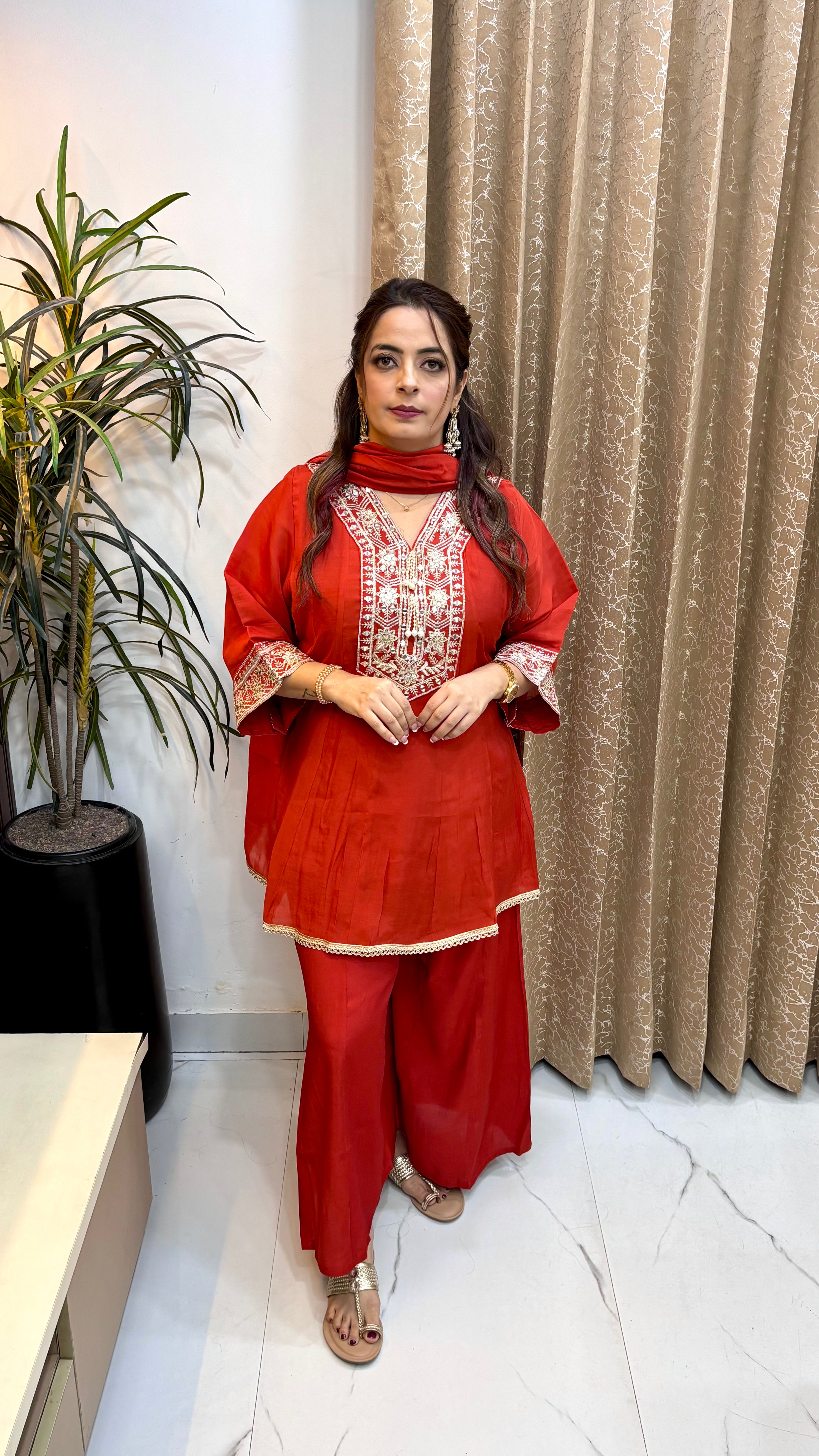 The Mul Chanderi Short Anarkali Suit with Zardozi, Real Mirror Work & Muslin Bottoms