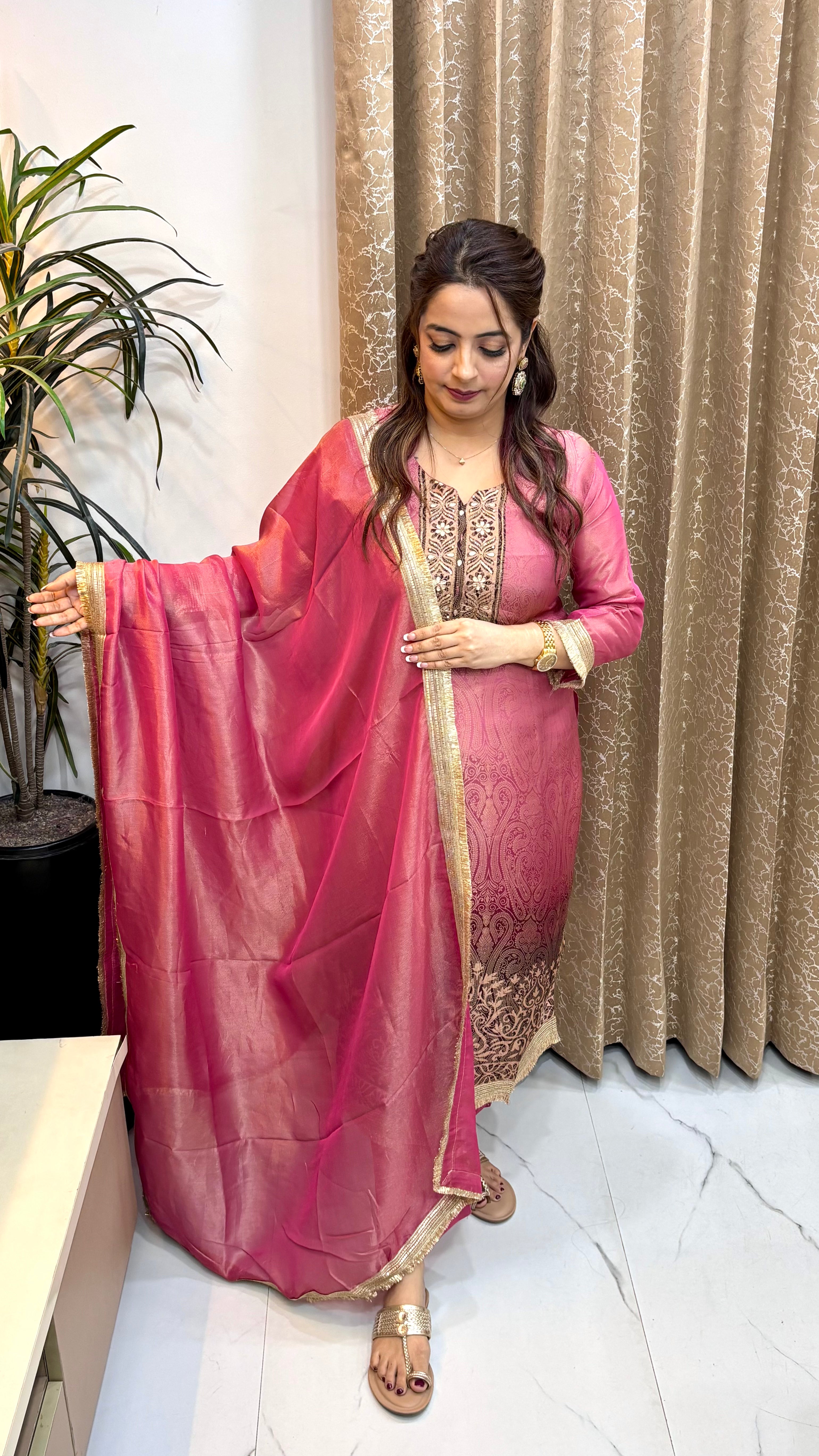 The Dual-Shade Organza Shimmer Banarasi Suit with Zardozi Work