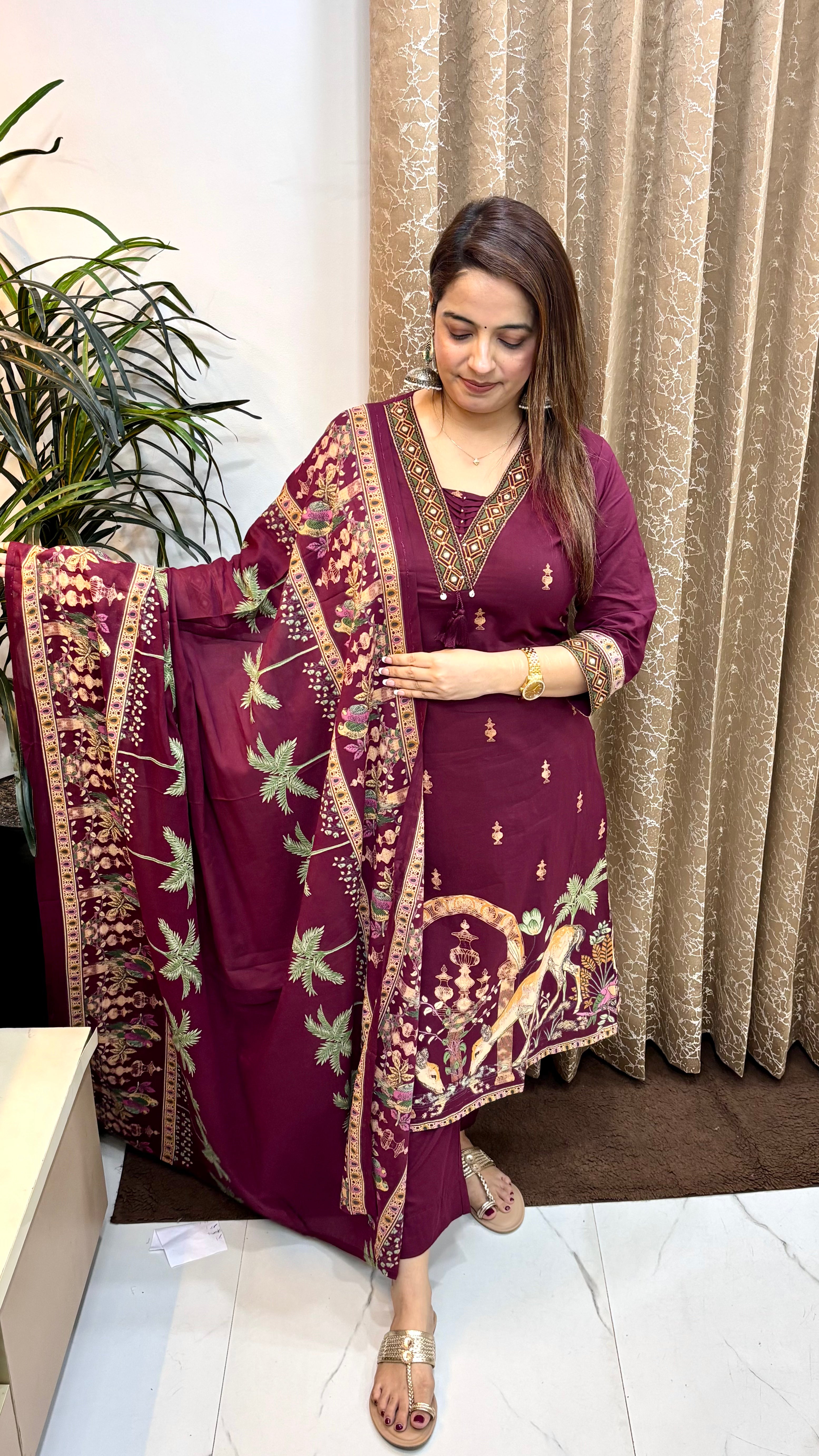 Pure Cotton Chinese Collar Suit Set with Handcrafted Tassels & Mulmul Dupatta