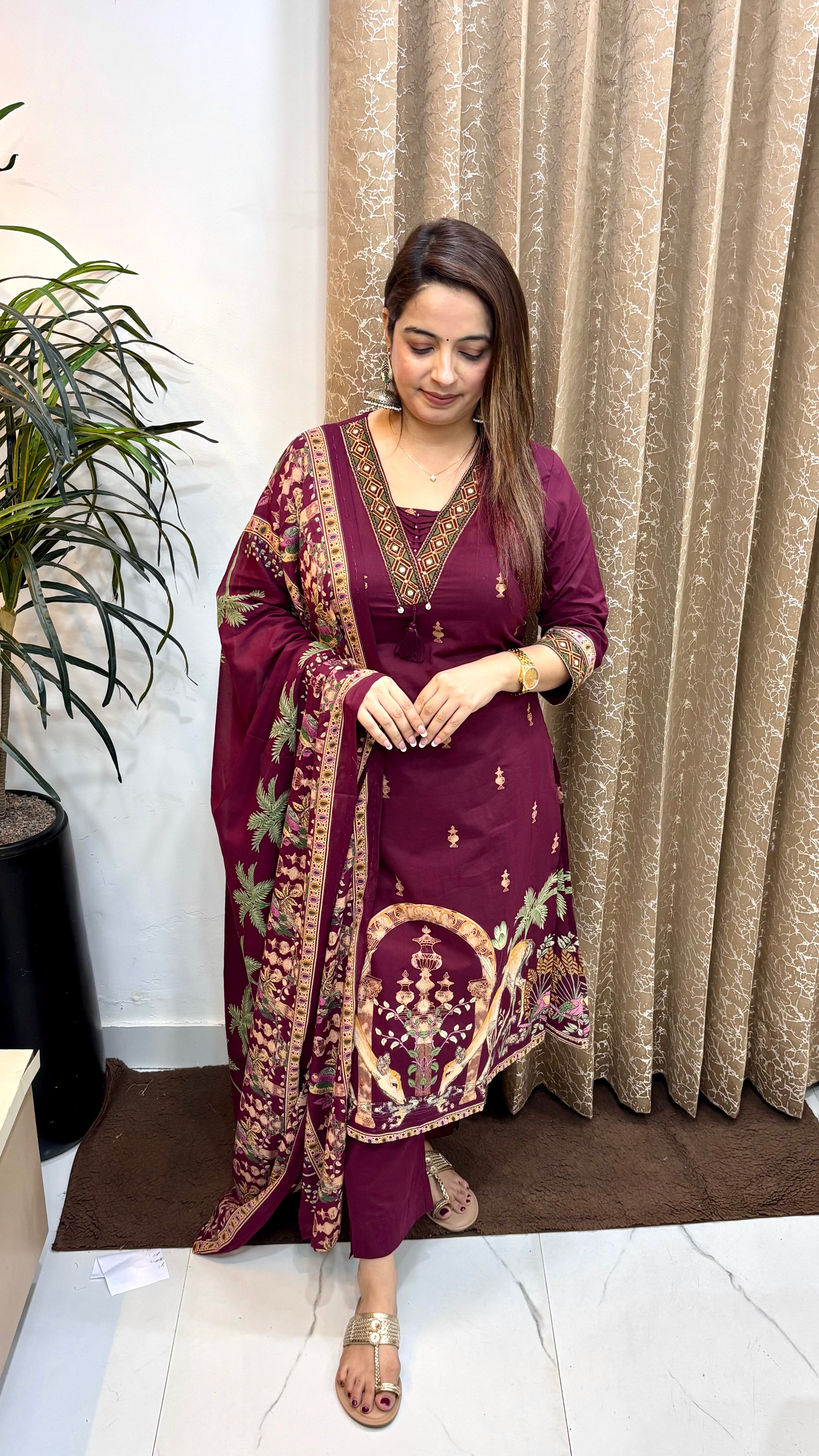 Pure Cotton Chinese Collar Suit Set with Handcrafted Tassels & Mulmul Dupatta