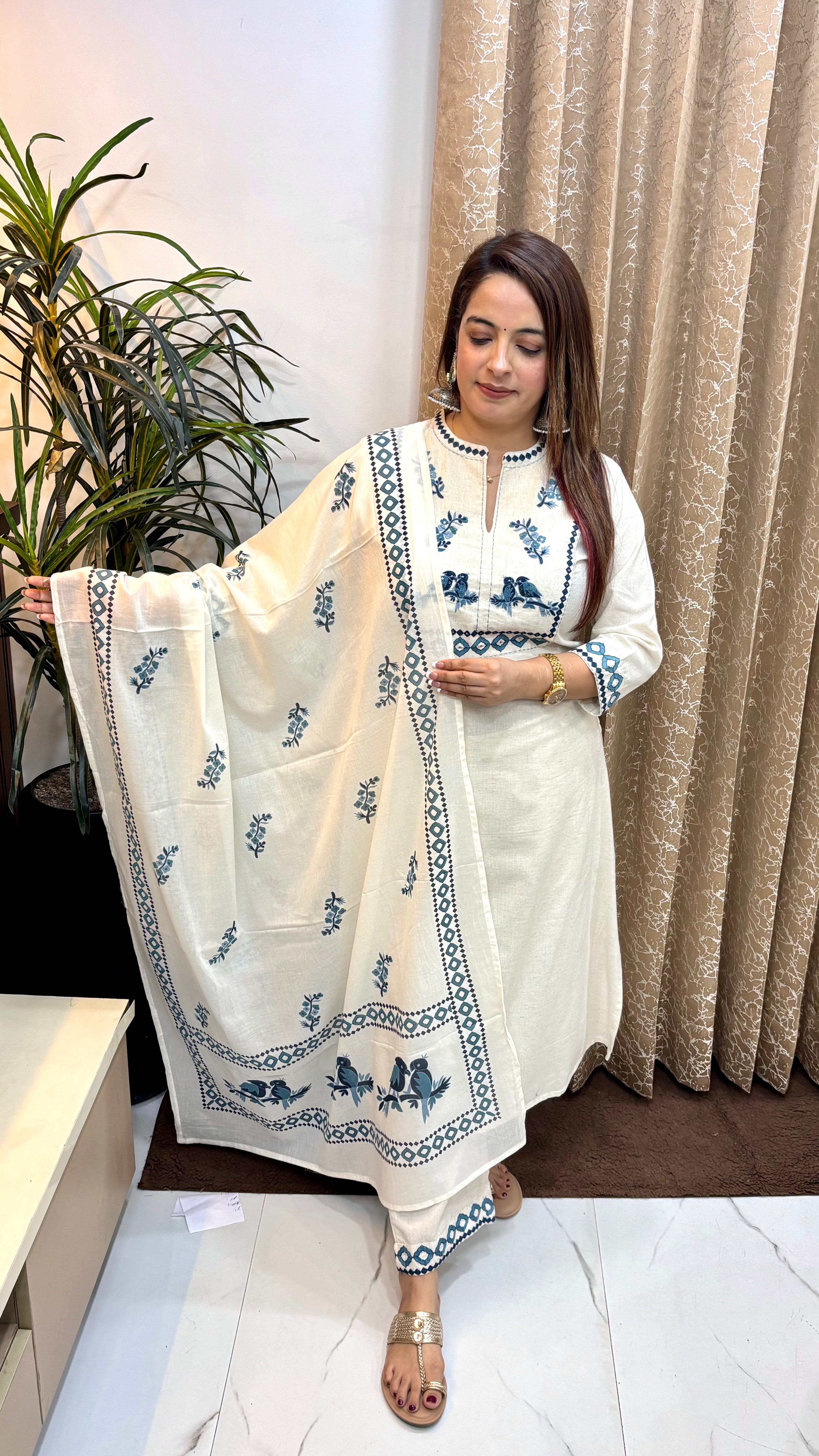 Handloom Cotton Suit with Hand Embroidery & Cotton Dupatta