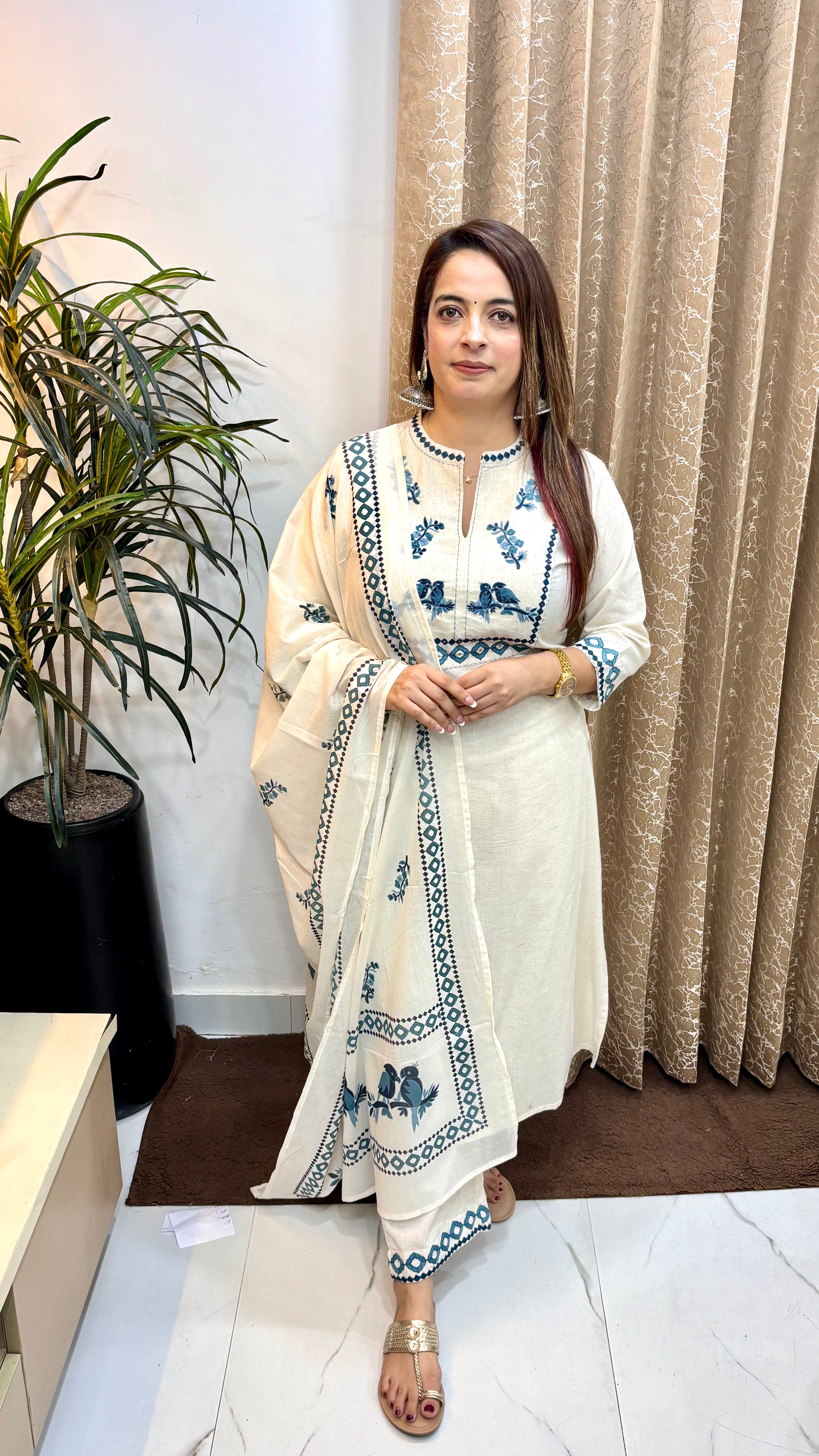 Handloom Cotton Suit with Hand Embroidery & Cotton Dupatta