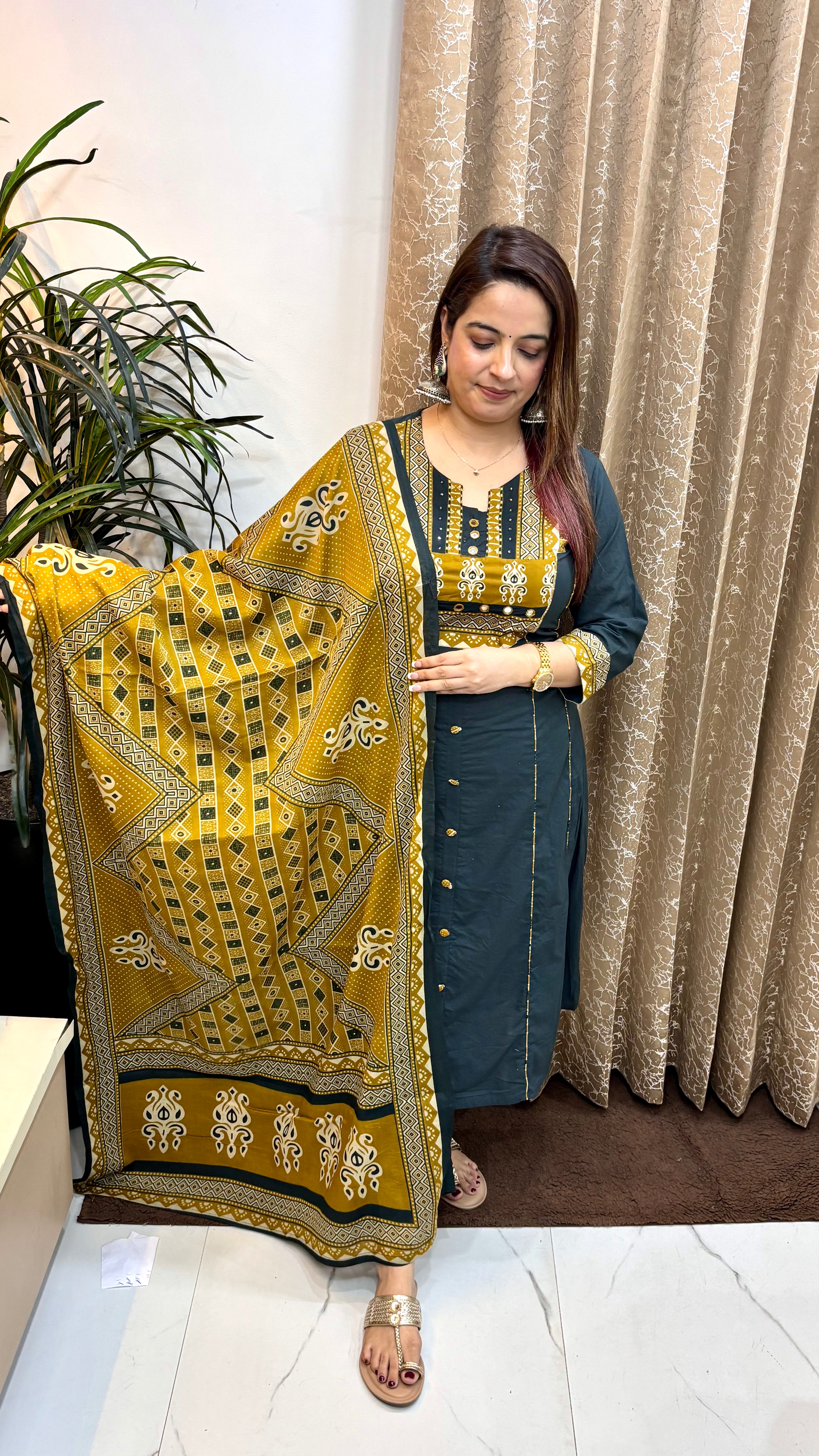 Pure Cotton Suit with Piping Detail, Real Mirror Work & Mulmul Dupatta