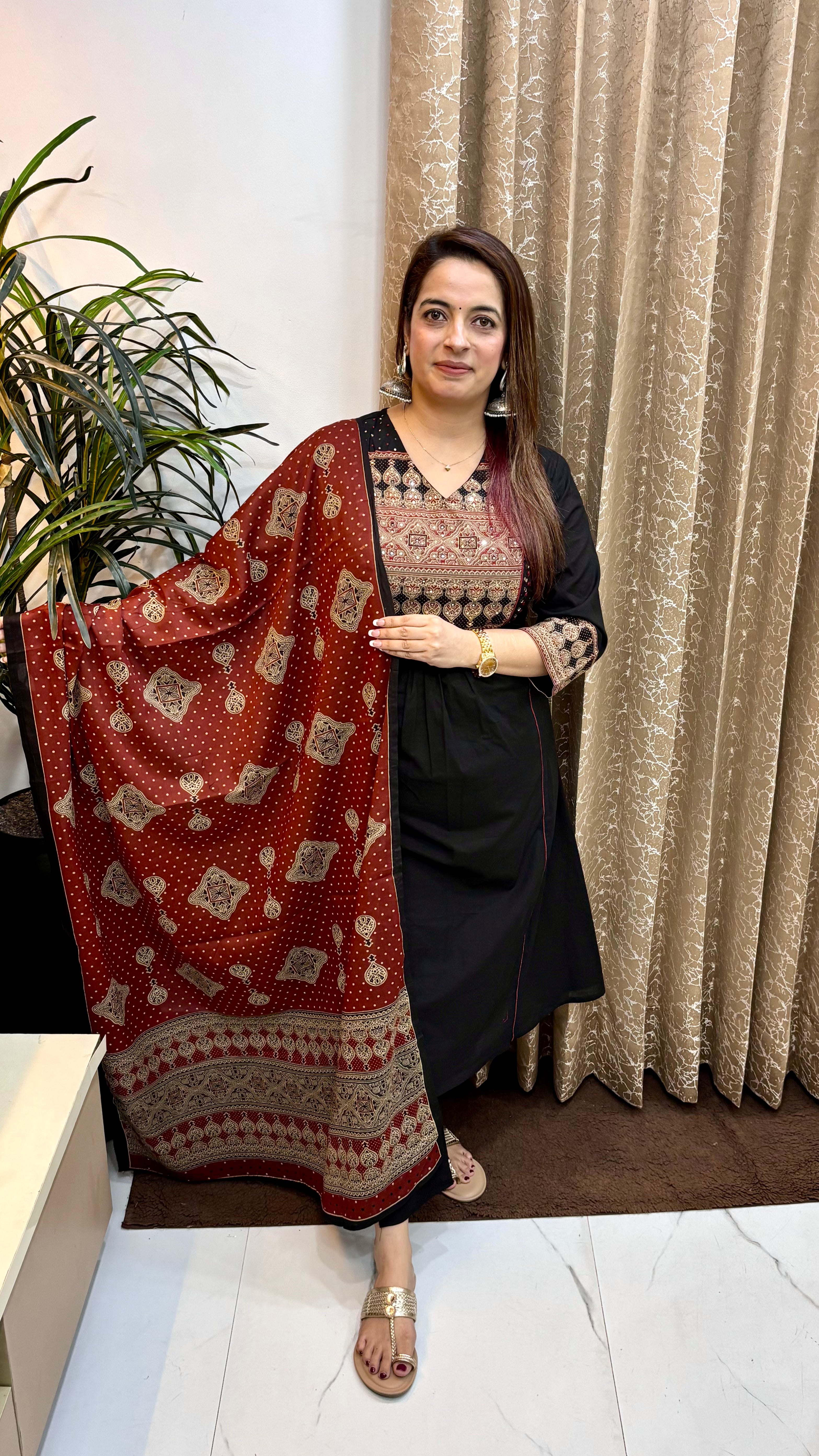 Pure Cotton A-Line Suit with Real Mirror Work & Printed Mulmul Dupatta