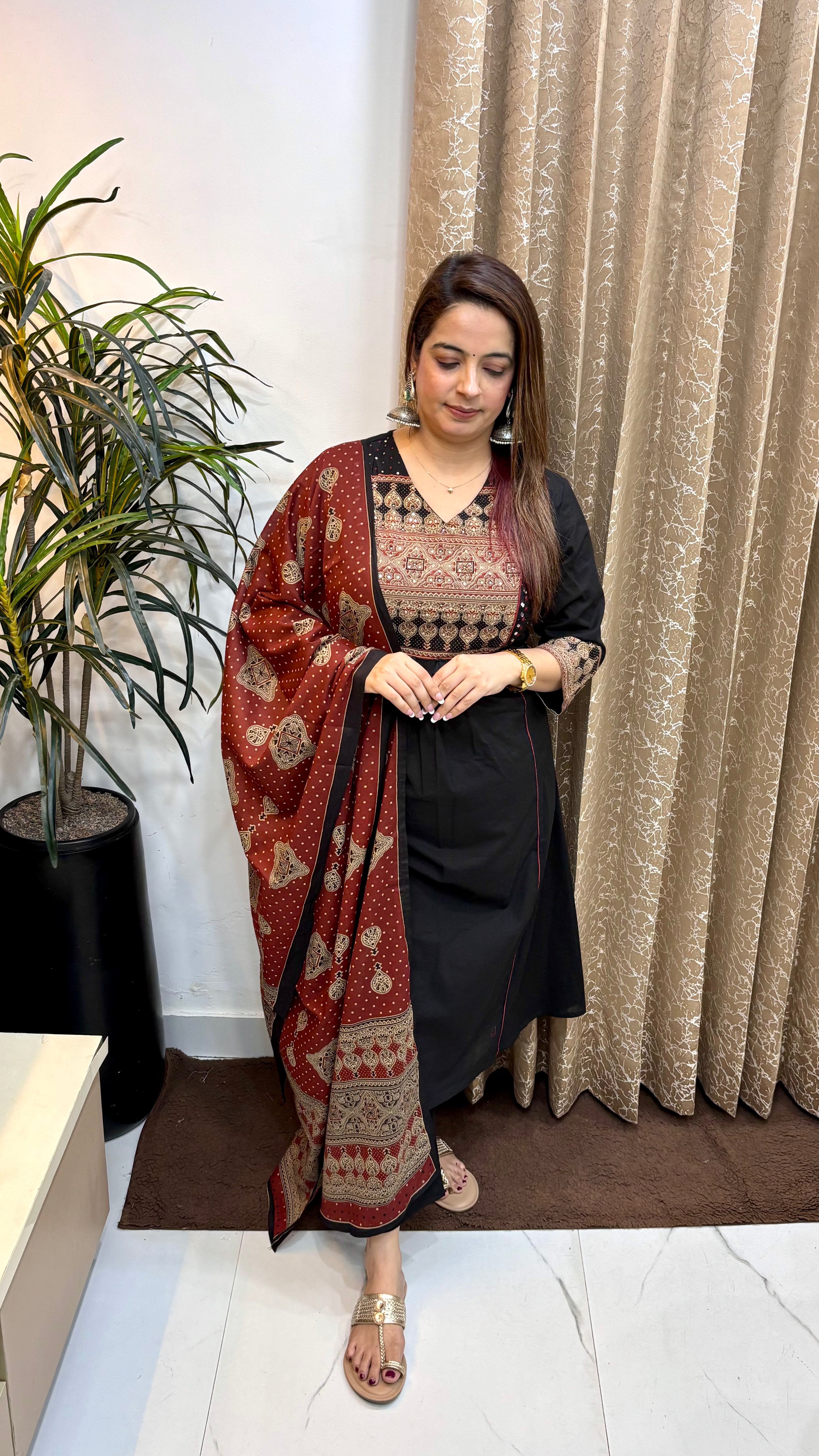 Pure Cotton A-Line Suit with Real Mirror Work & Printed Mulmul Dupatta