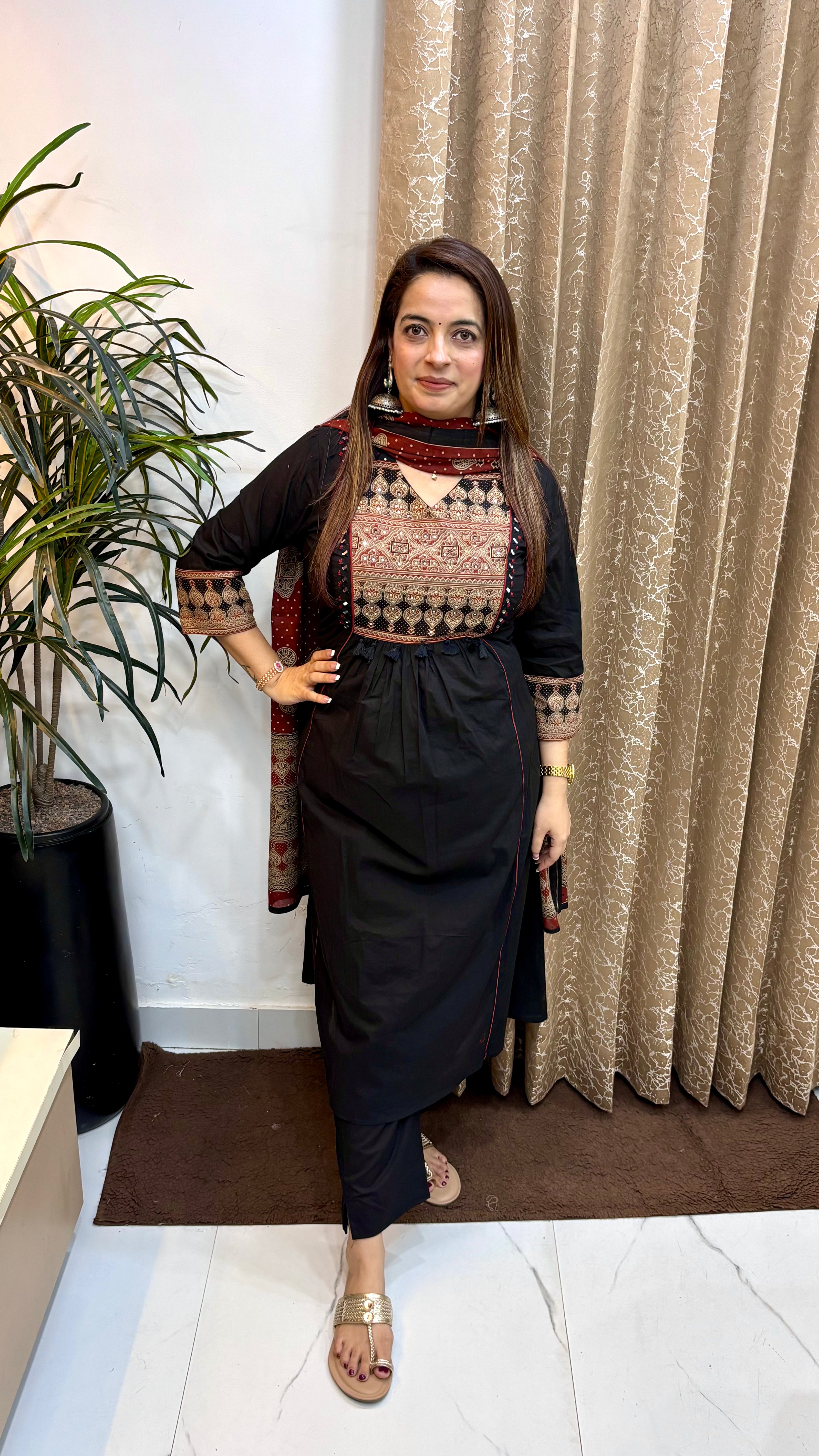 Pure Cotton A-Line Suit with Real Mirror Work & Printed Mulmul Dupatta