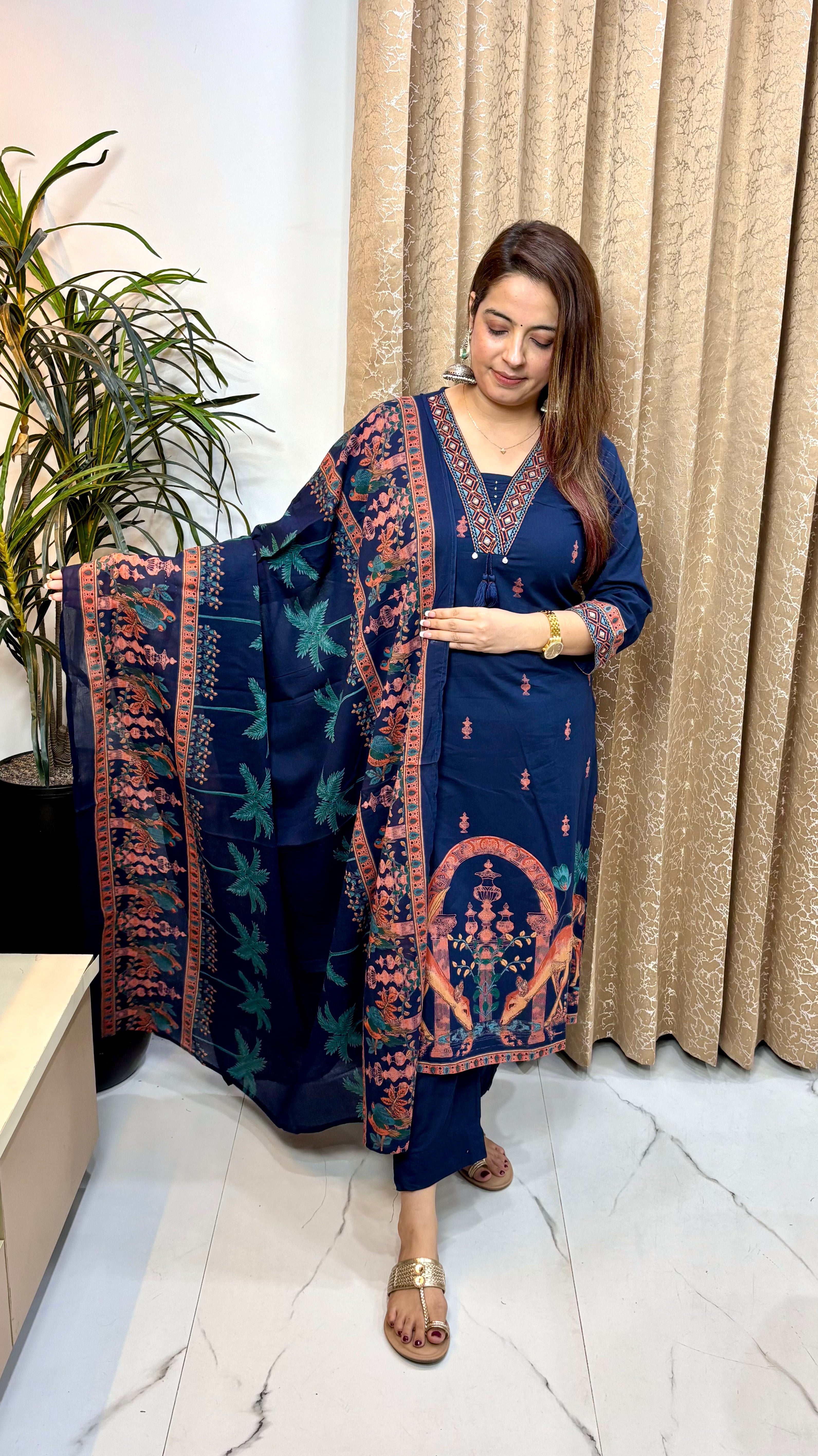Pure Cotton Chinese Collar Suit Set with Handcrafted Tassels & Mulmul Dupatta