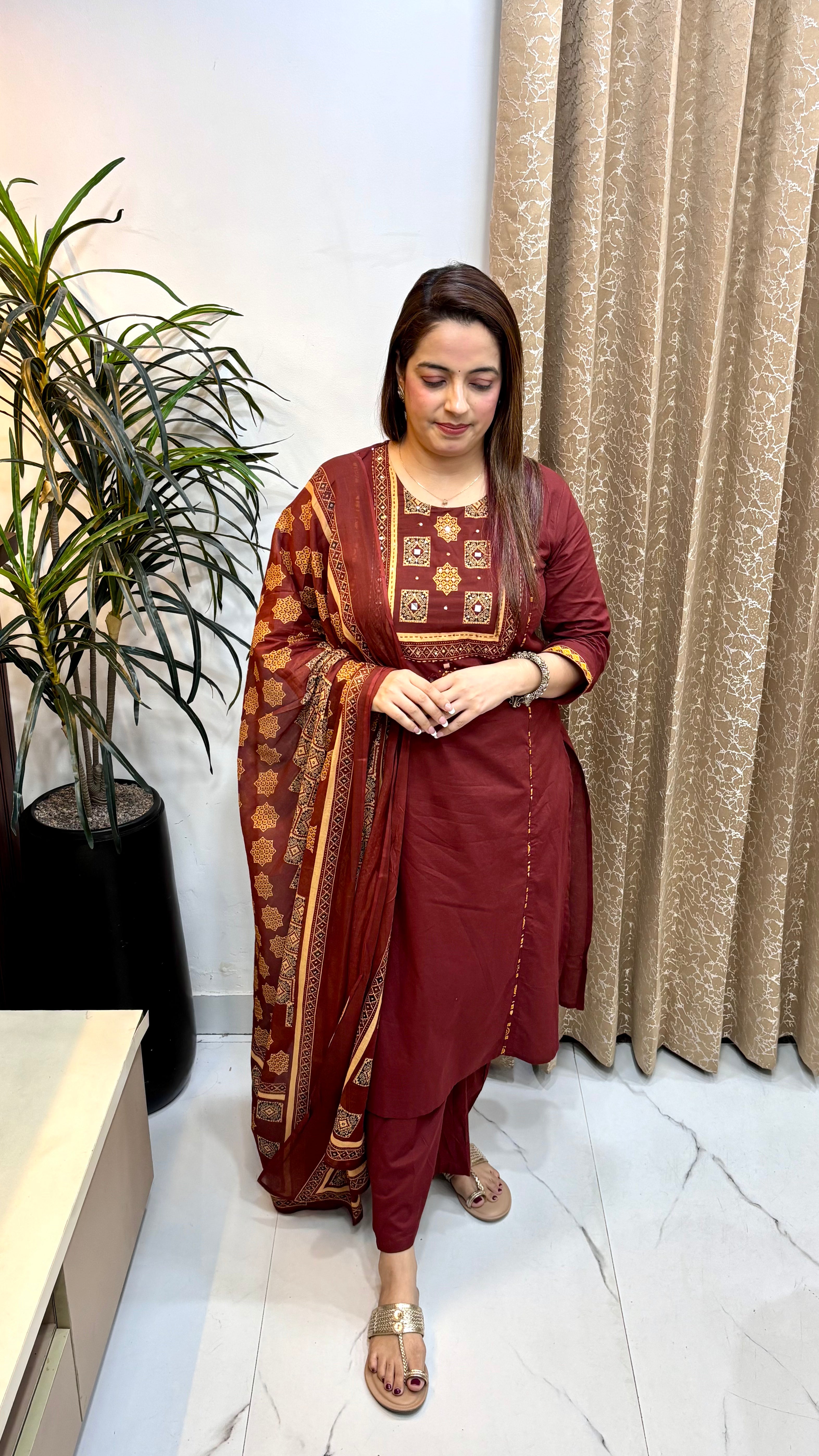 Pure Cotton Suit with Katha Work, Mirror, Sequin & Kalamkari Details