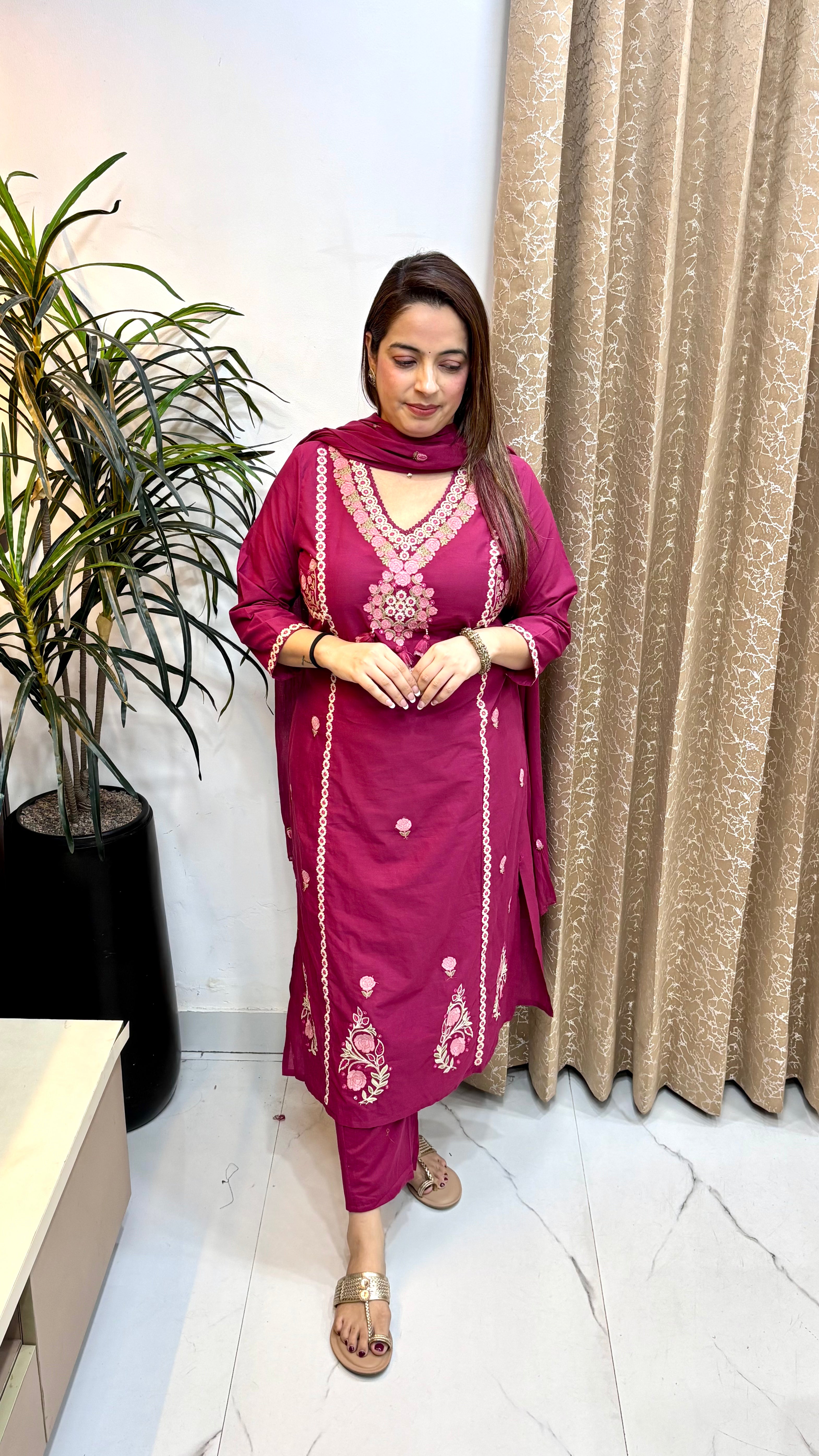 Pure Cotton Suit with Crochet Lace, Handcrafted Tassels & Embroidery