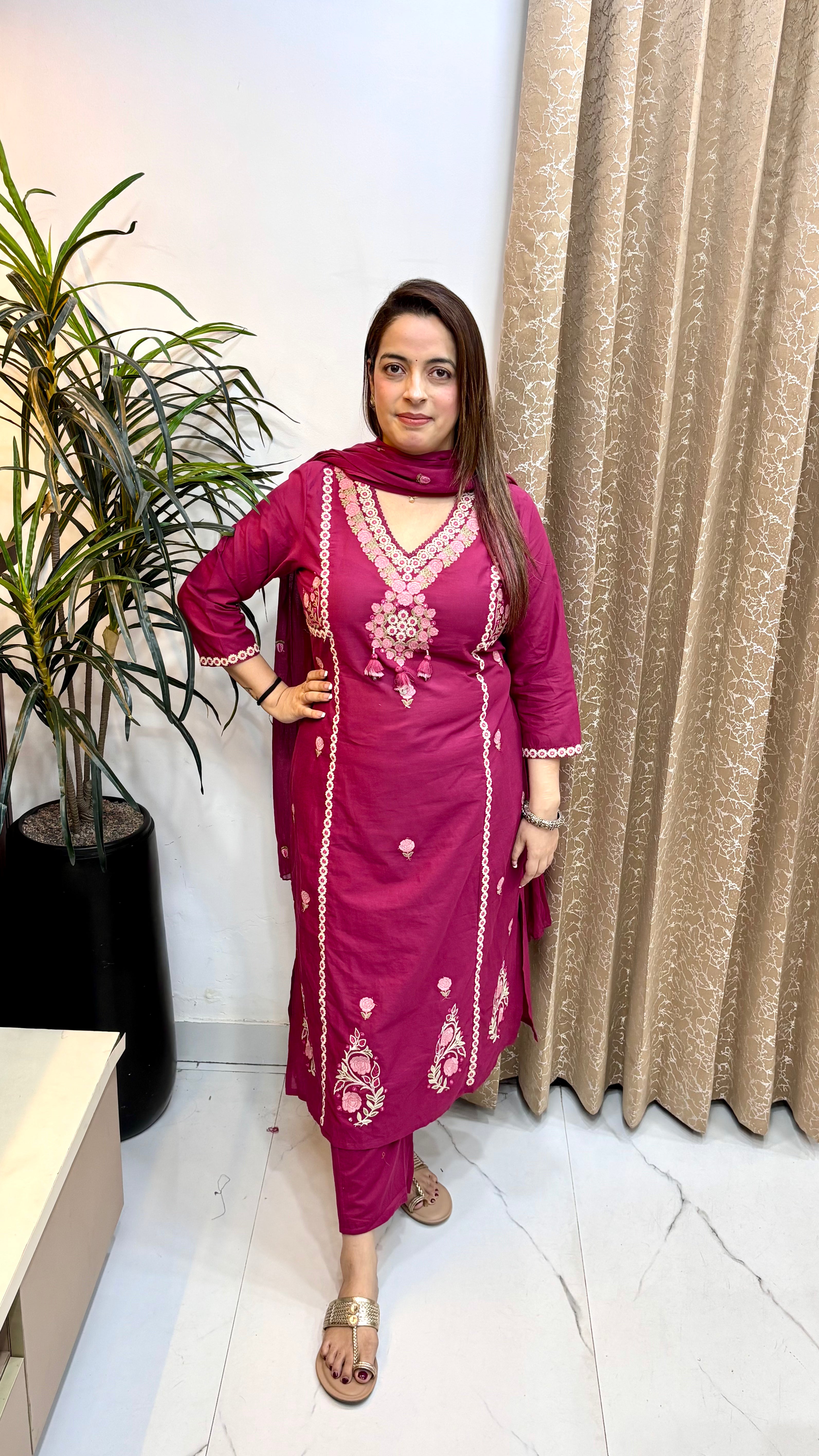 Pure Cotton Suit with Crochet Lace, Handcrafted Tassels & Embroidery
