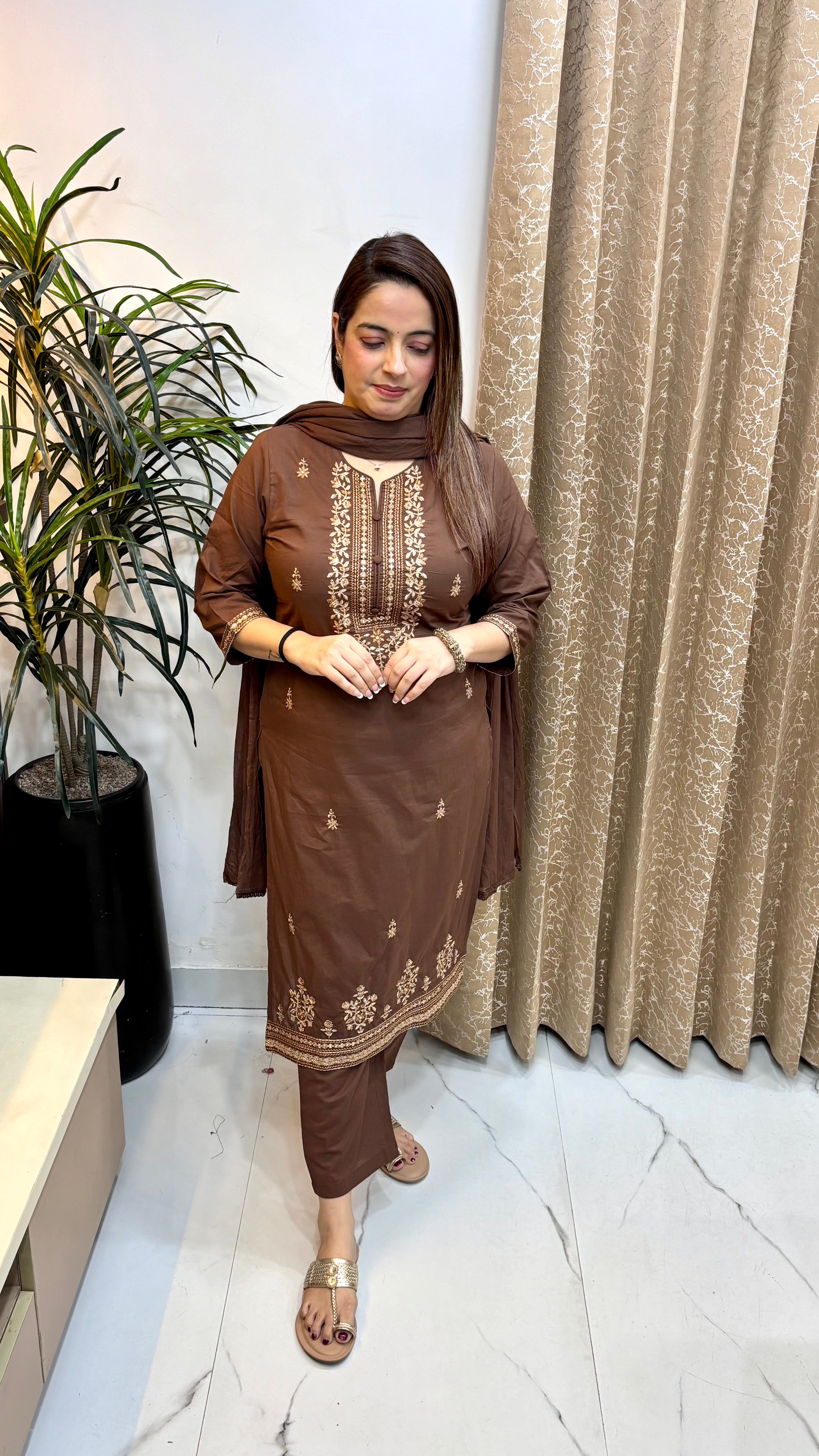 Pure Cotton Suit with Thread & Resham Embroidery, Handcrafted Tassels & Mulmul Dupatta