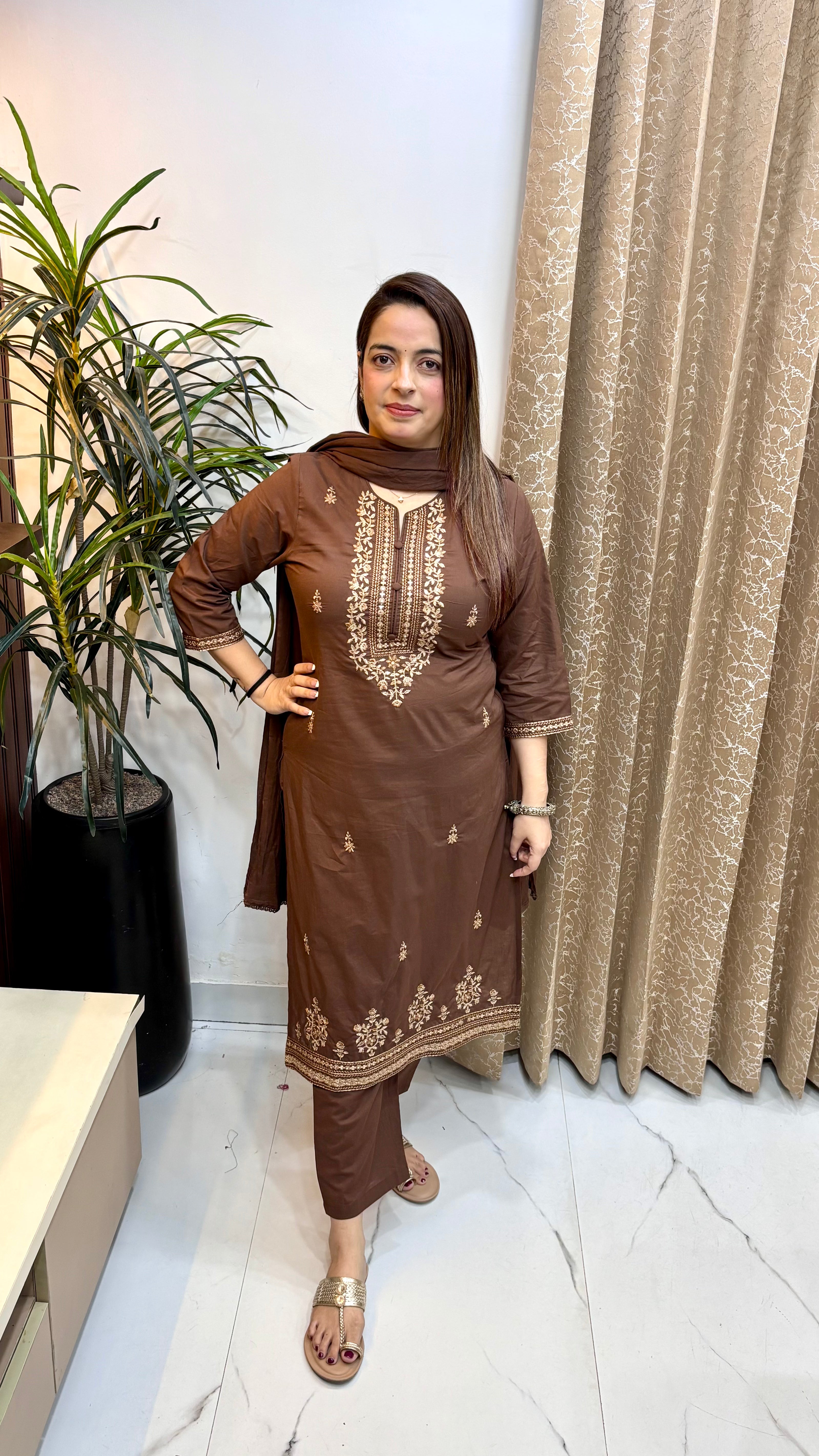 Pure Cotton Suit with Thread & Resham Embroidery, Handcrafted Tassels & Mulmul Dupatta