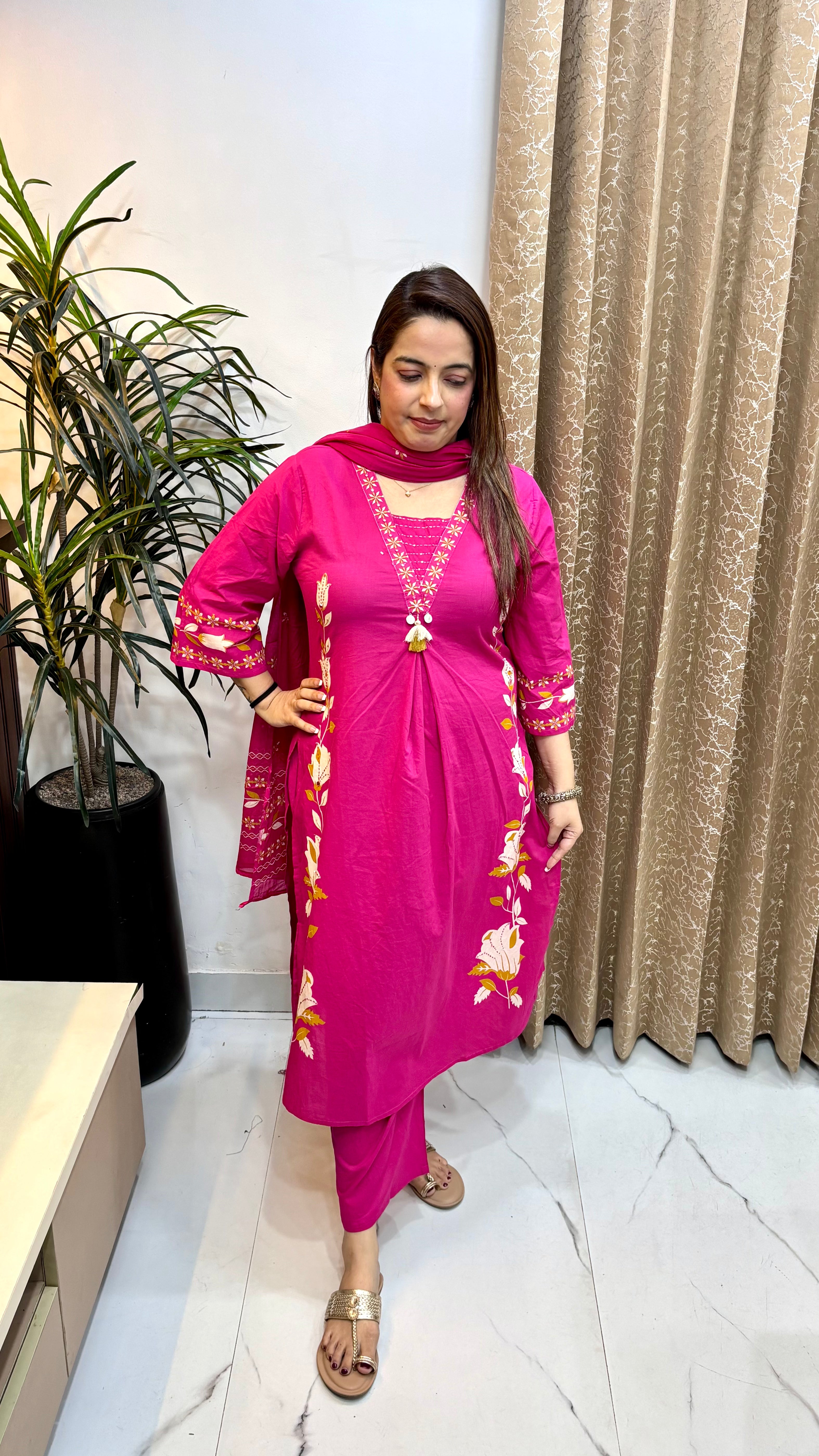 Pure Cotton Suit with Kantha, Resham & Sequin Work with Mulmul Dupatta