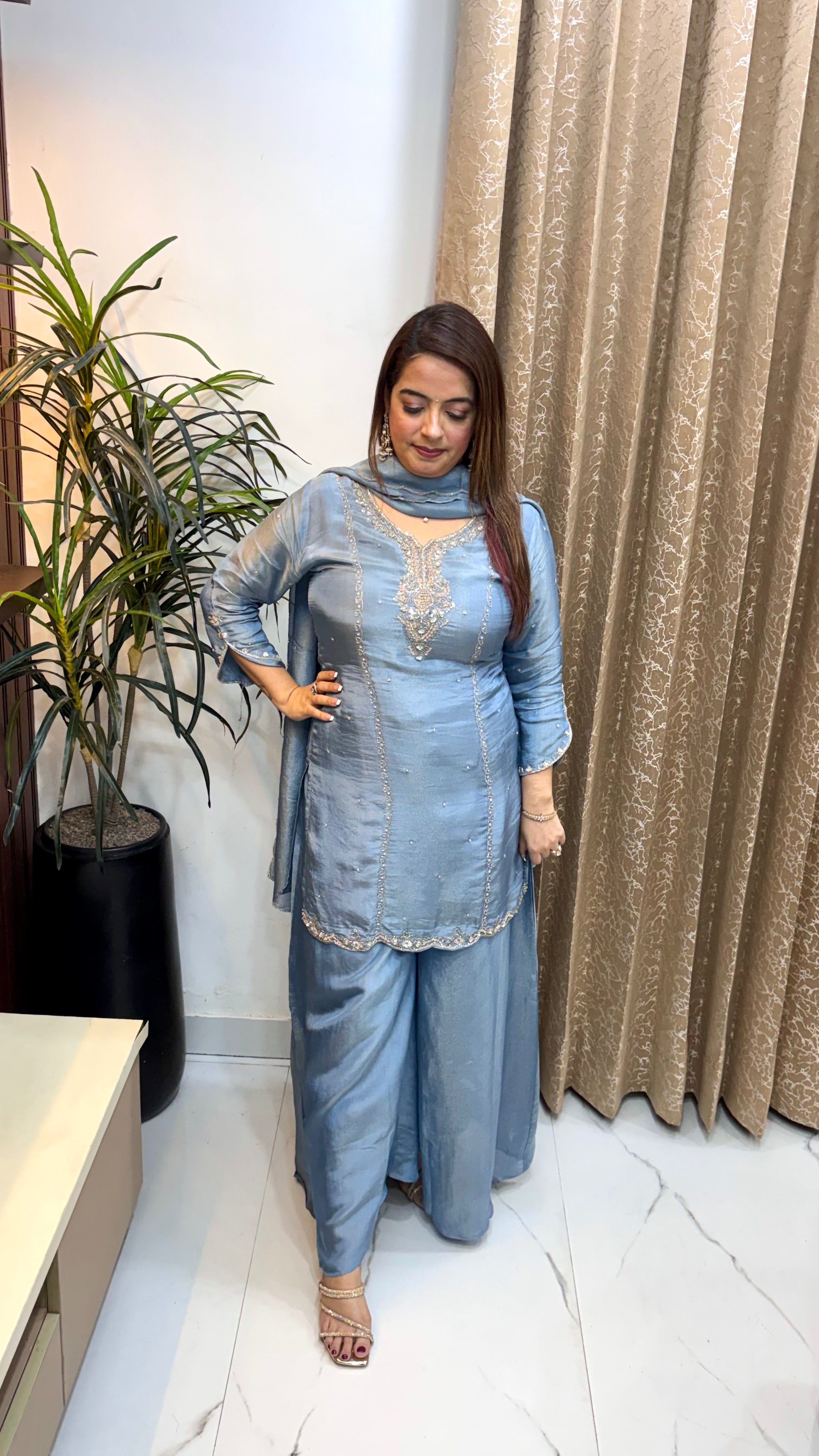 Pure Organza Shimmer Suit with Cutdana & Sequin Embroidery