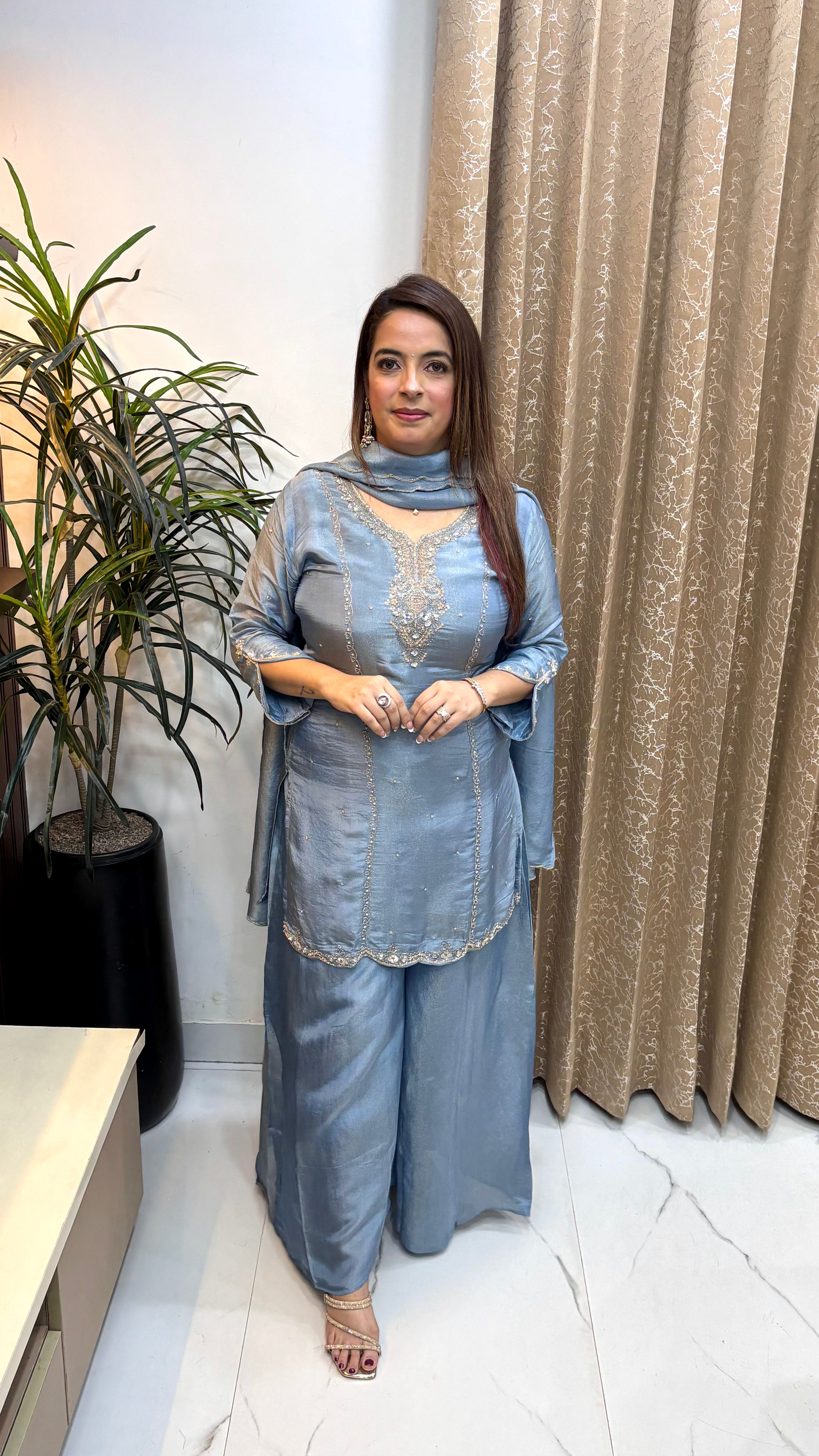 Pure Organza Shimmer Suit with Cutdana & Sequin Embroidery