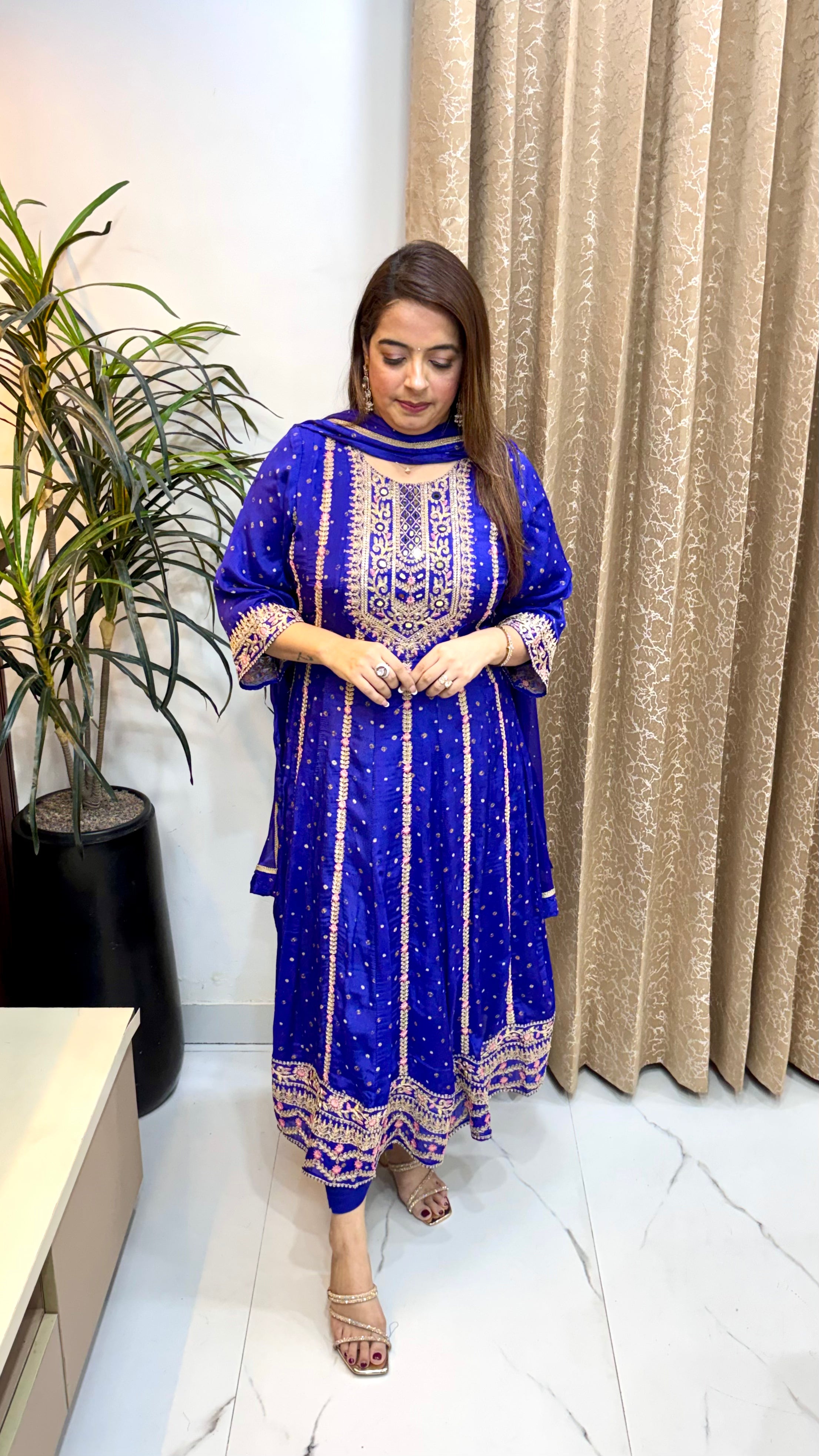 Pure Chinon Bandhani Print Anarkali Suit with Zardozi, Mirror Work & Block Printed Dupatta
